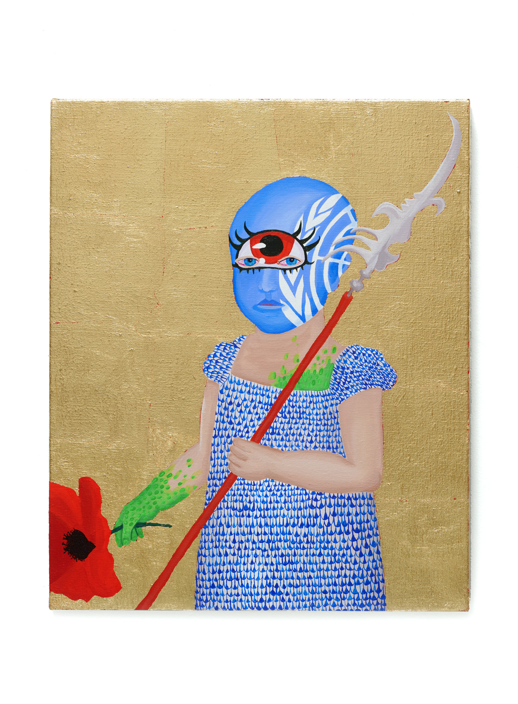   Girl with Poppy (All We Own We Owe),  2019  18 x 22 x 1.5 inches (45.72 x 55.88 x 3.81 cm.)  Acrylic and gold leaf on linen  Private collection 