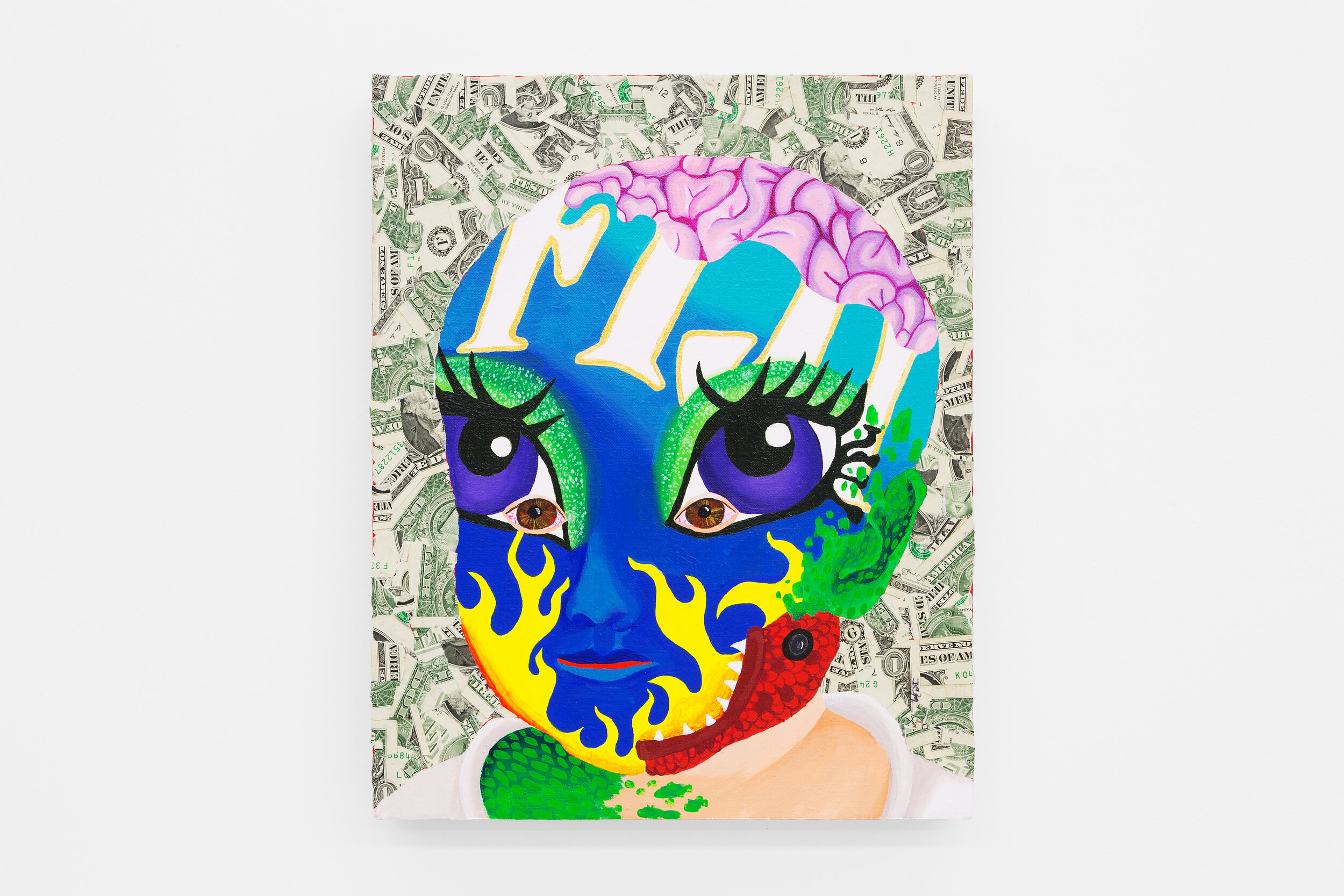   Baby Boy with Water and Fire Face Paint,  2019  15 x 12 x 1.5 inches (38.1 x 30.48 x 3.81 cm.)  Acrylic and dollar bills on linen  