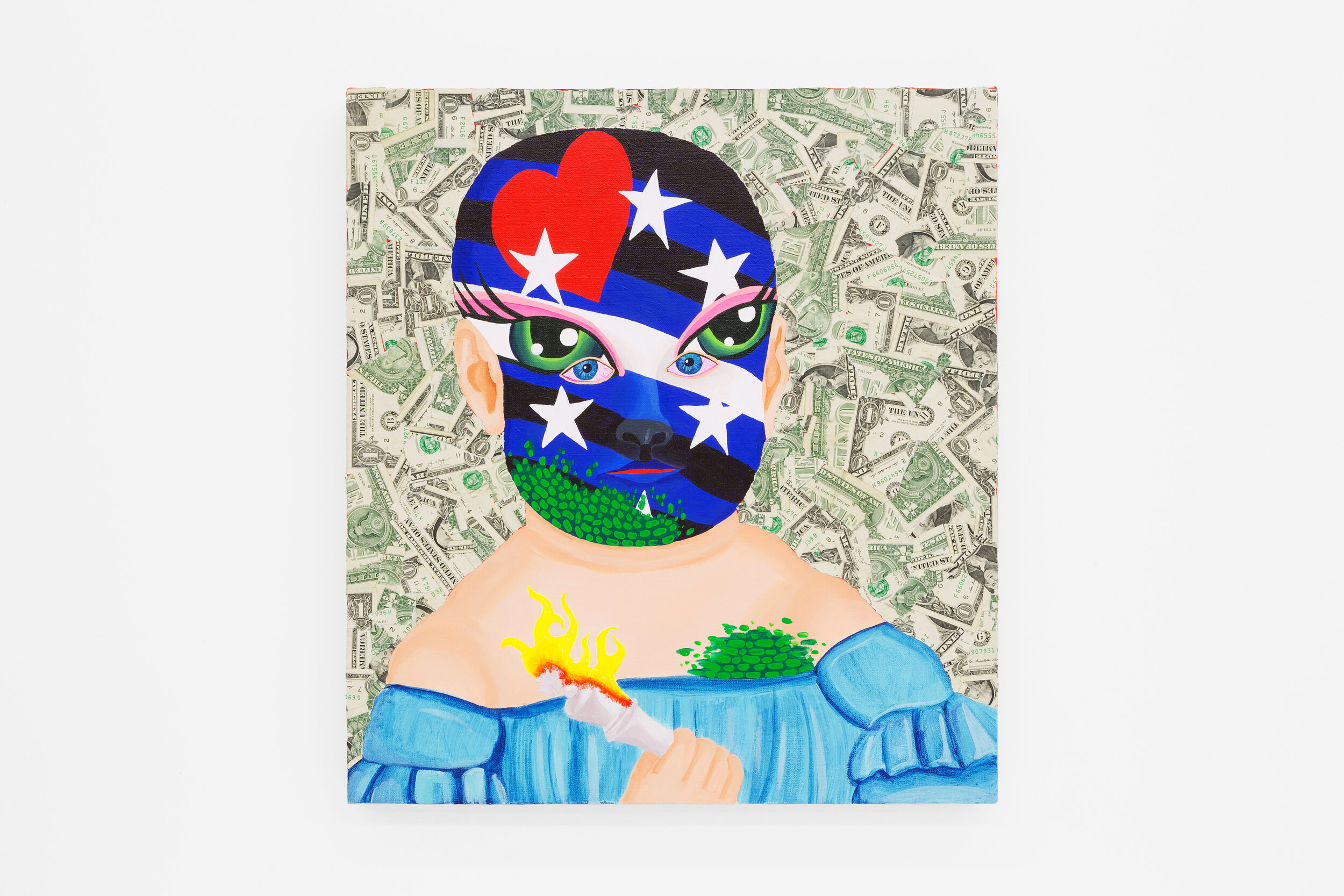   Baby with Burning King (Leather Pride Face Paint),  2019  21 x 19 x 1.5 inches (53.34 x 48.26 x 3.81 cm.)  Acrylic and American dollar bills on linen  Private collection, New York 