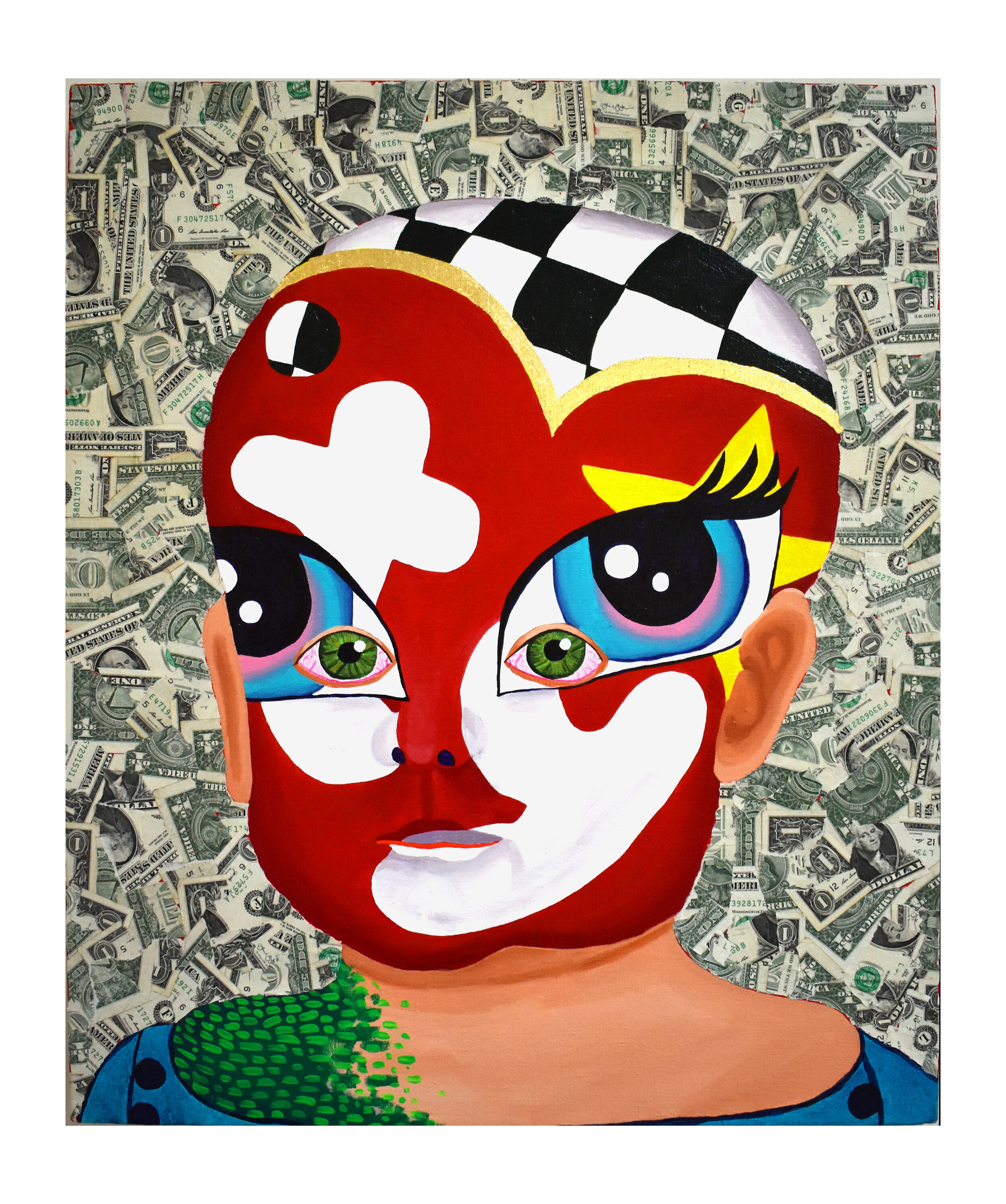   Beanie Baby Face Painted Baby , 2019  20 x 24 x 1.5 inches (50.8 x 60.96 x 3.81 cm.)  Acrylic, gold leaf, and dollar bills on linen  Private collection, Los Angeles 