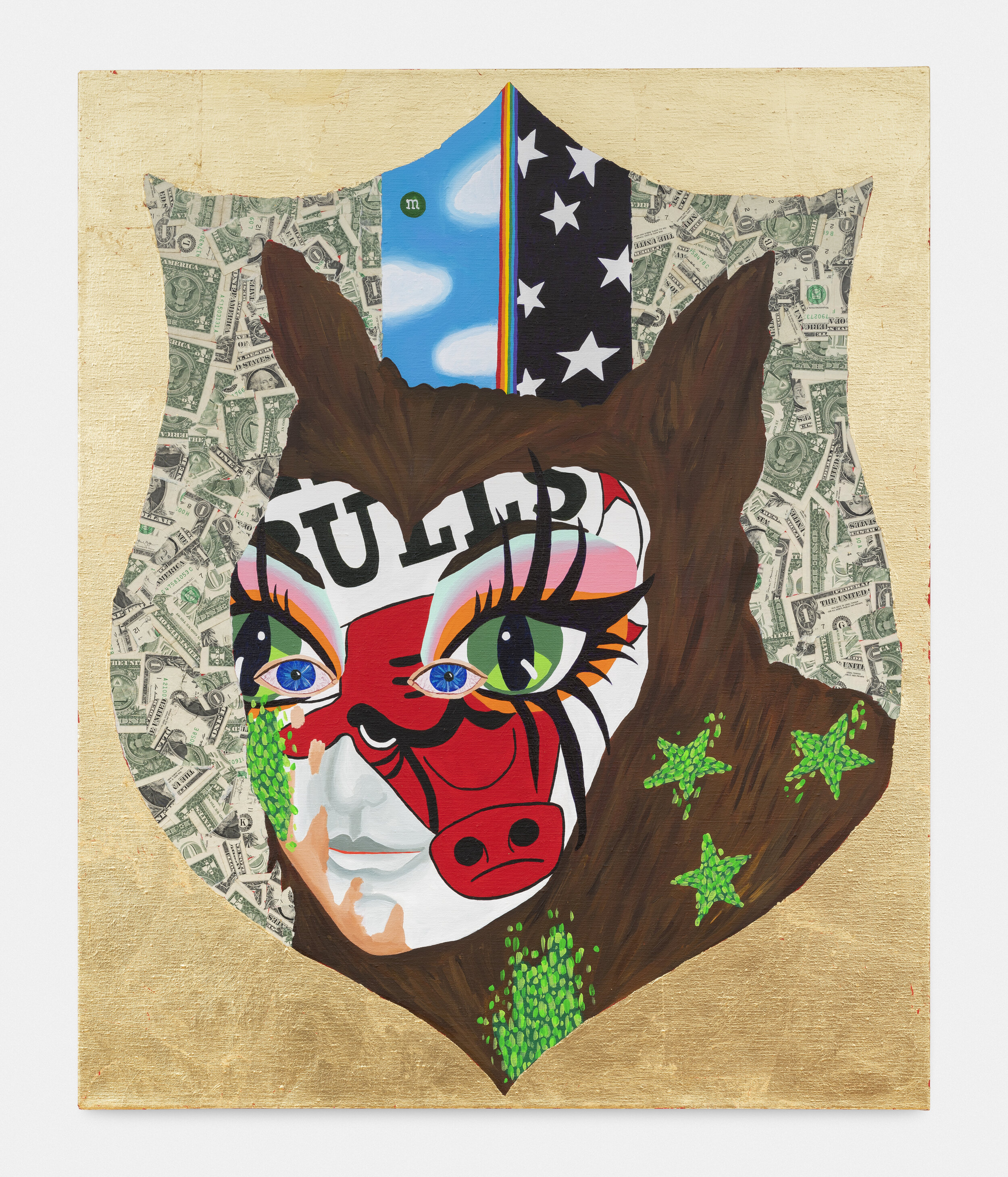   “Bull and Bear” , 2020  33 x 27 x 1.5 inches (83.82 x 68.58 x 3.81 cm.)  Acrylic, gold leaf, and dollar bills on linen 