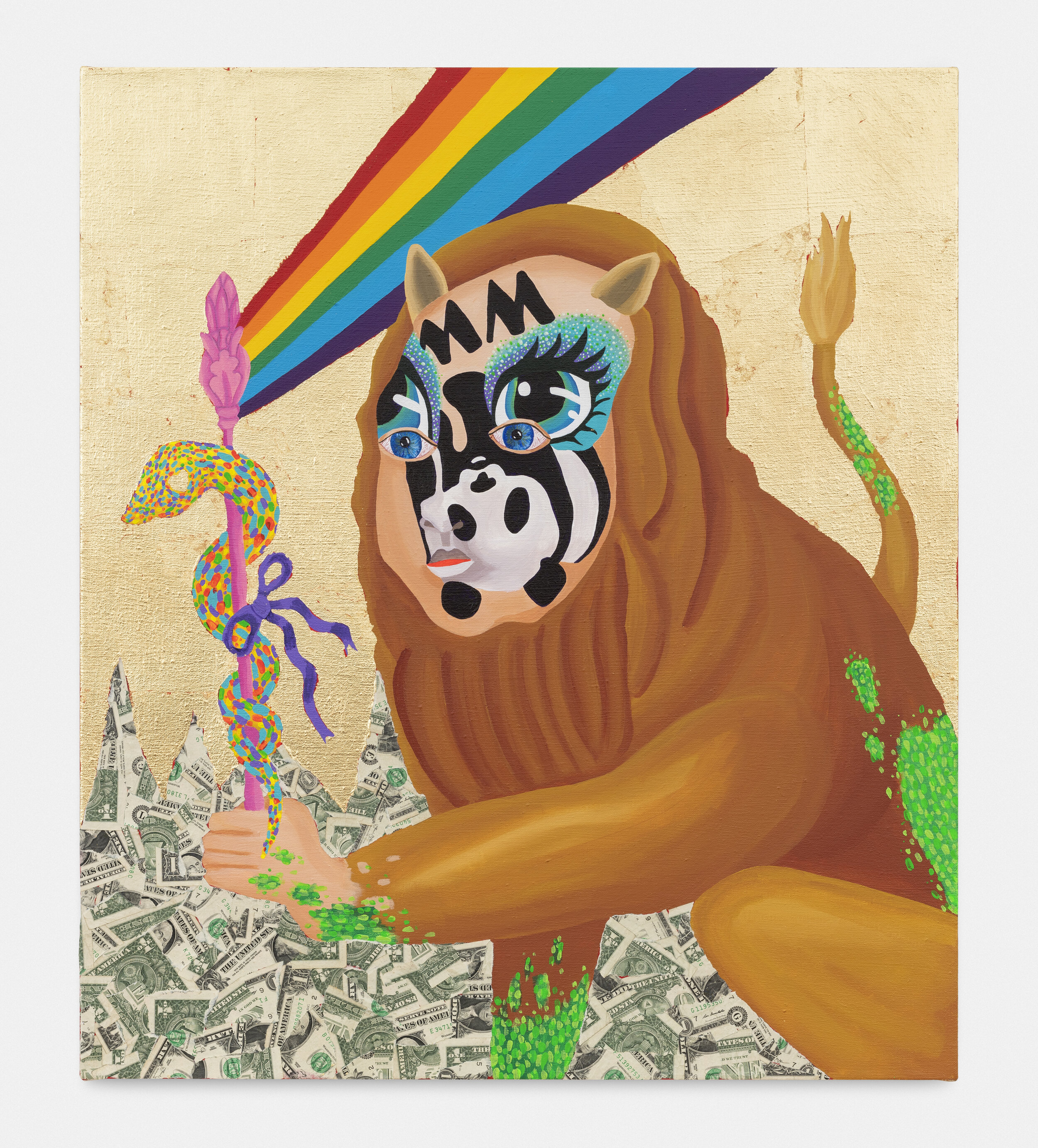   “The Peaceable Kingdom #1 (Baby/Cat Animorph with WWF Face Paint, Scepter, and Snake)” , 2020  27 x 23 x 1.5 inches (68.58 x 58.42 x 3.81 cm.)  Acrylic, gold leaf, and dollar bills, on linen 