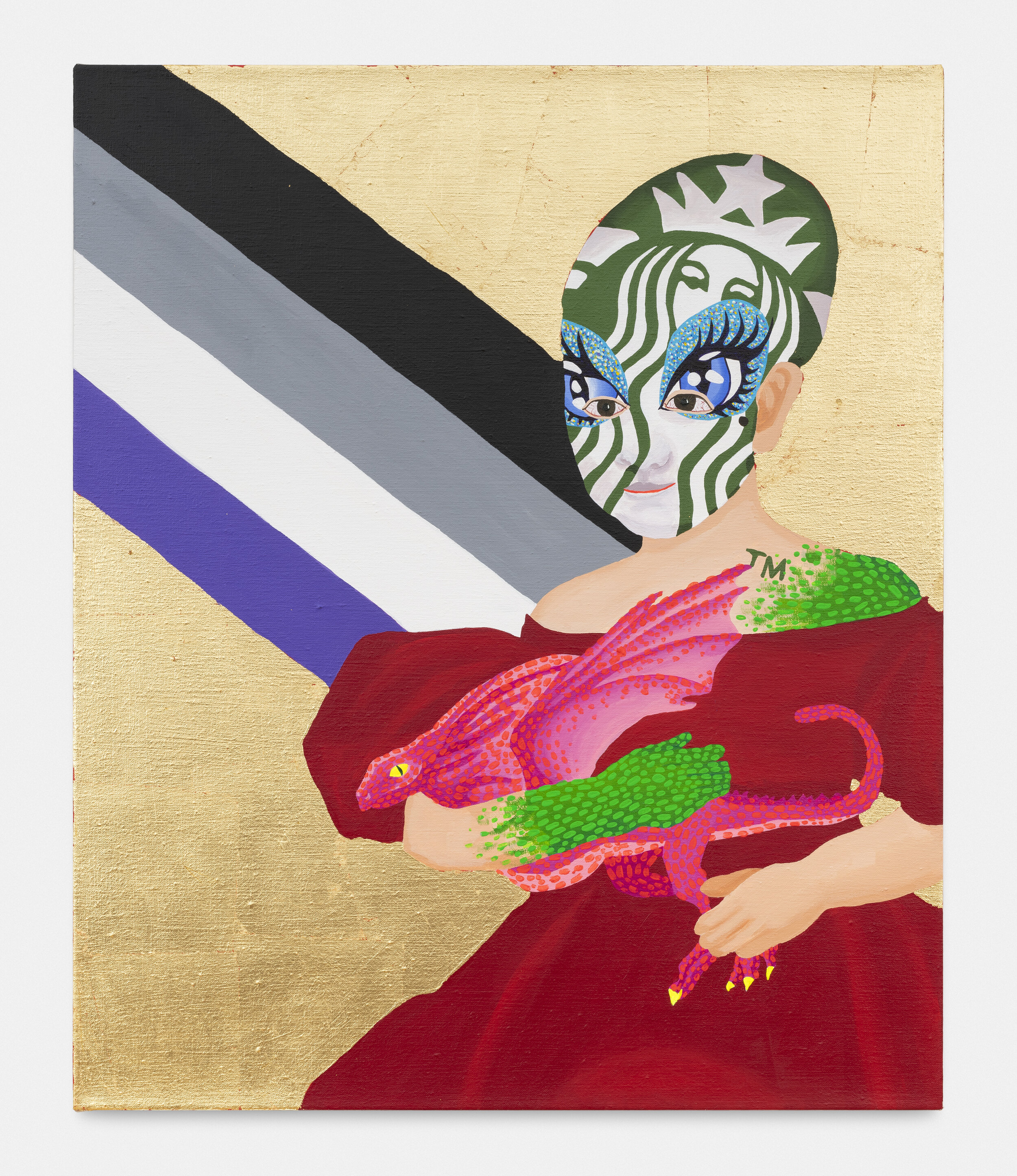   Starbucks Girl with Baby Dragon , 2019  30 x 25 x 1.5 inches (76.2 x 63.5 x 3.81 cm.)  Acrylic and gold leaf on linen 
