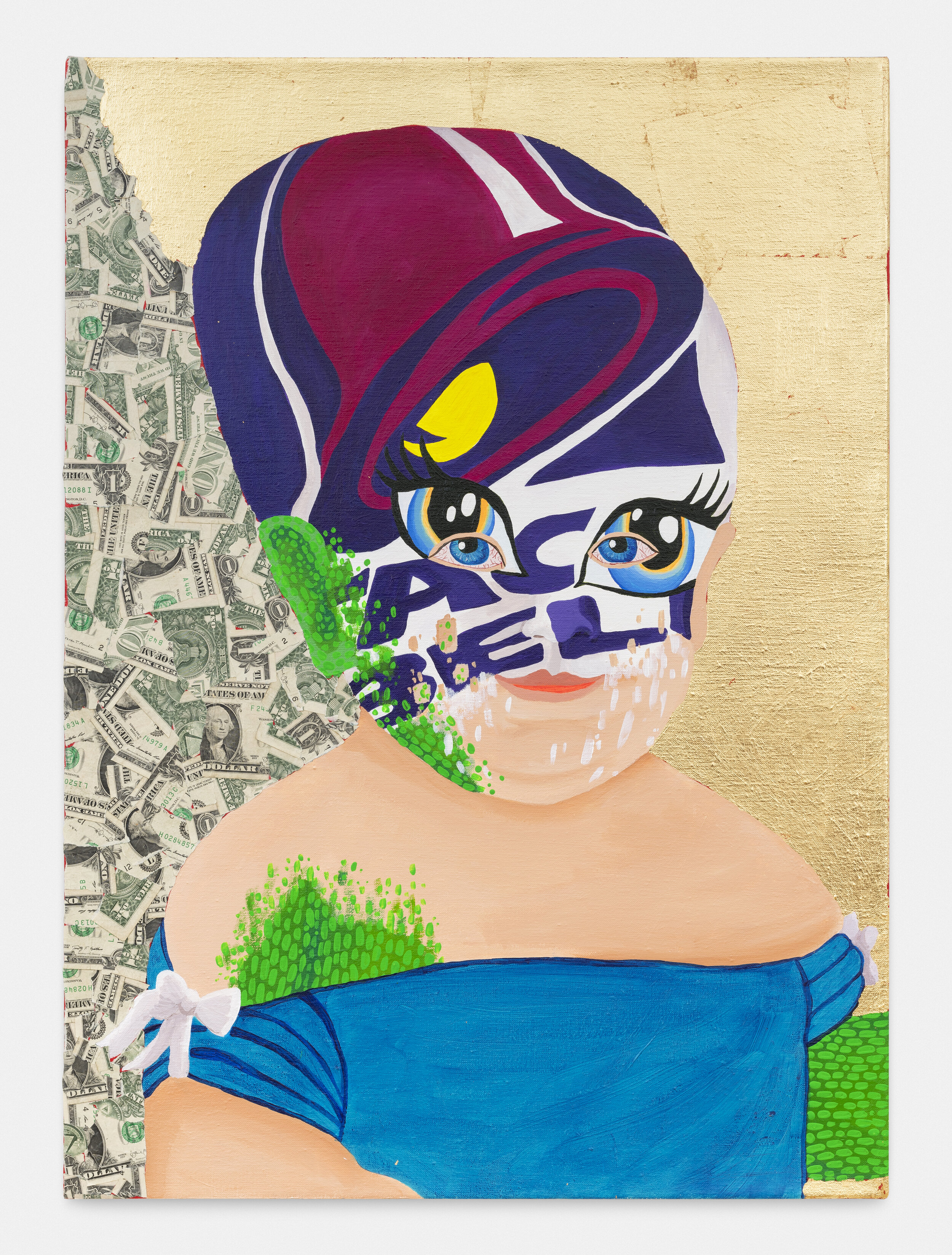   Baby with Taco Bell Face Paint (Ring My Bell),  2019  29 x 21 x 1.5 Inches (73.66 x 53.34 x 3.81 cm.)  Acrylic, gold leaf, and American dollar bills on linen 