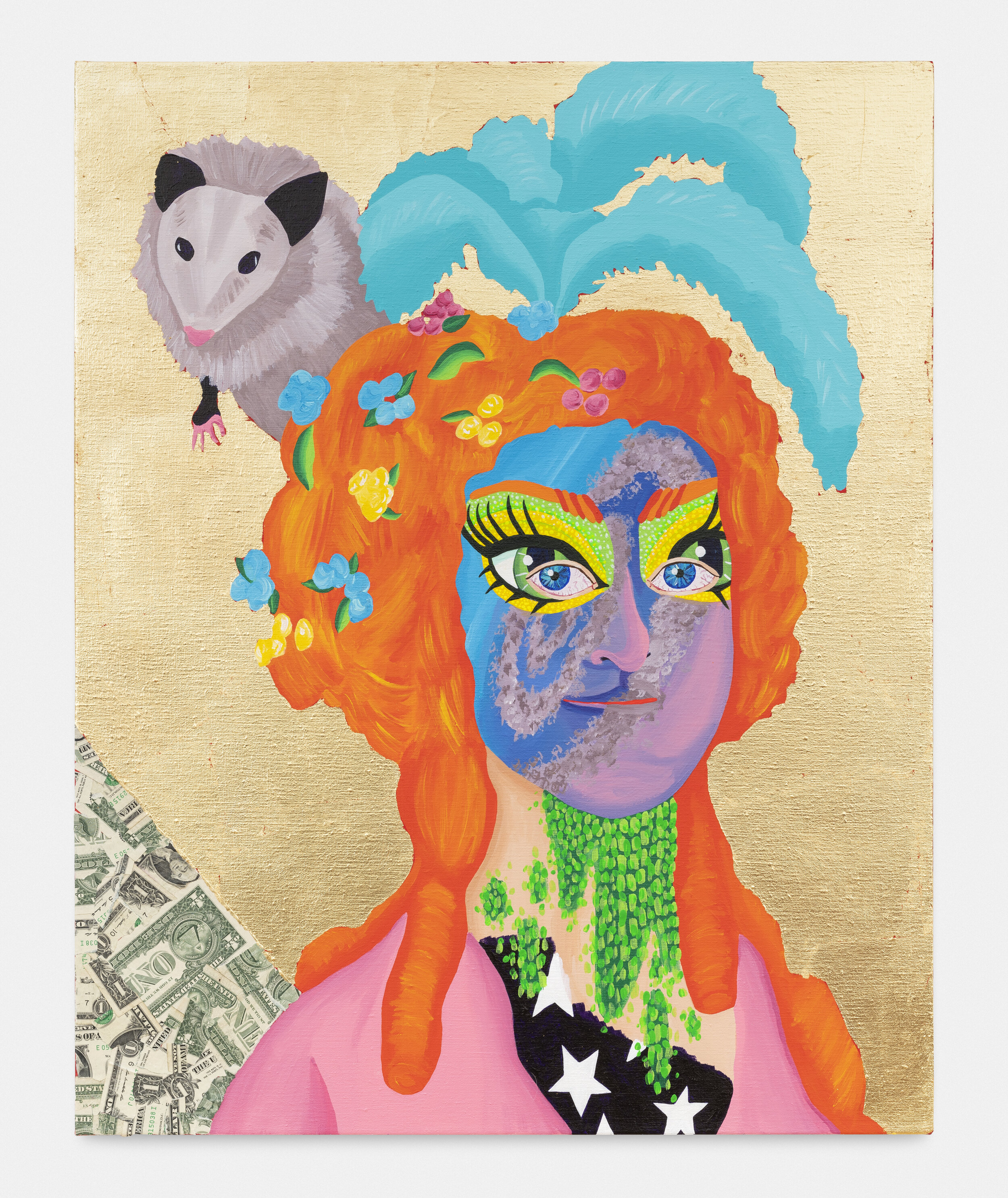   Old Put with Spiral Jetty Face Paint,  2020  30 x 24 x 1.5 inches (76.2 x 60.96 x 3.81 cm.)  Acrylic, gold lead, and dollar bills on linen 