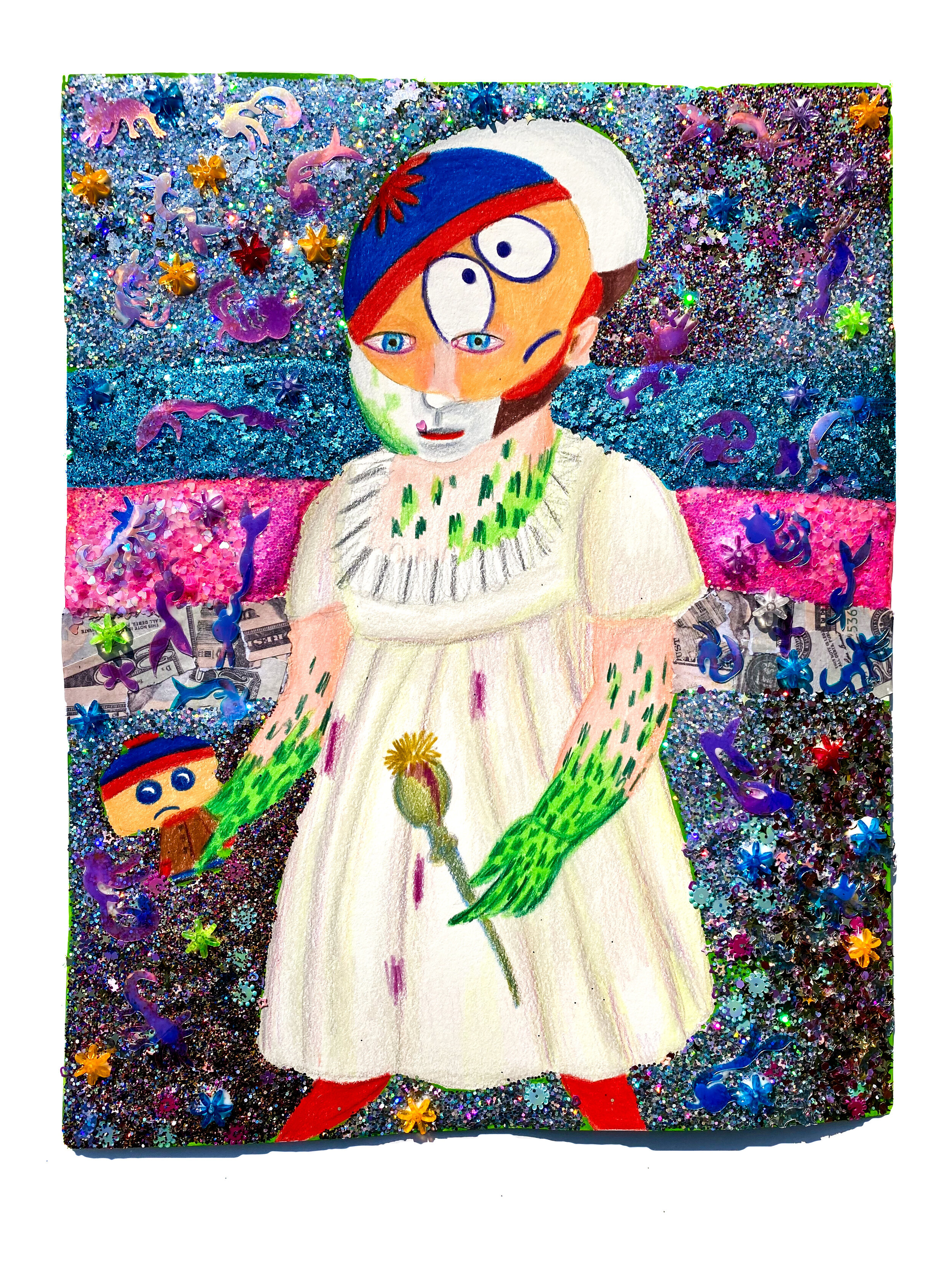   Baby with South Park Stan Face Paint Holding a Funko Pop and Poppy Pod,  2021  14 x 11 inches (38.1 x 27.94 cm.)  Colored pencil, acrylic paint, Elmer's glue, Modge Podge, and glitter, plastic beads, custom sequins, money on paper 