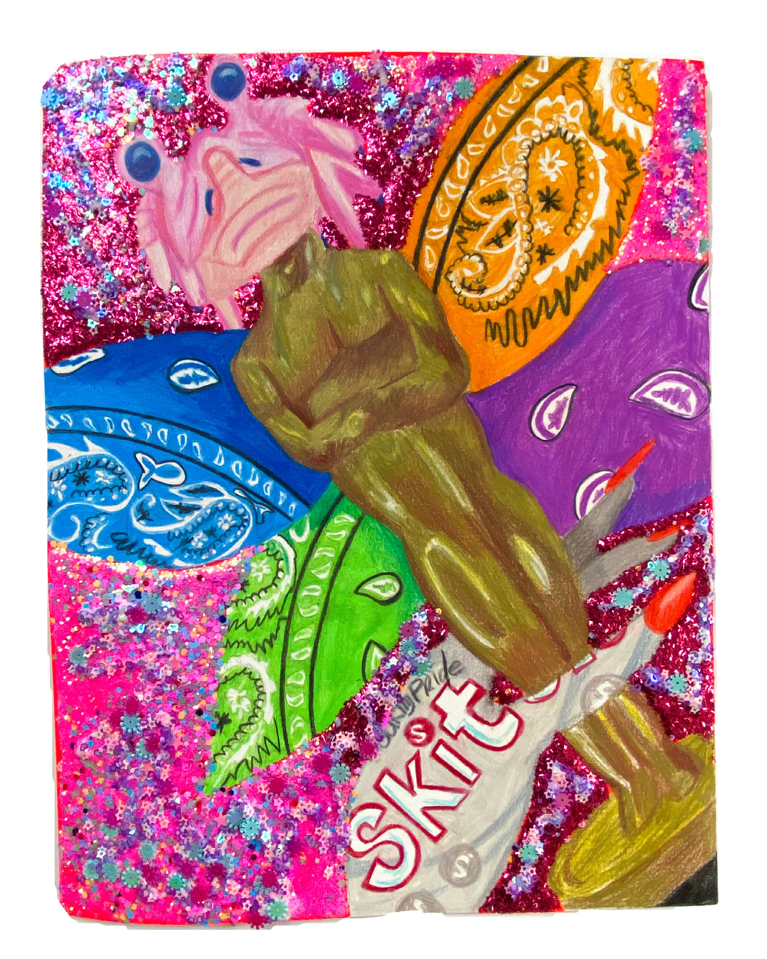   Oscar with Pink Funko Pop Jar Jar Binks Head with Bandana Fairy Wings Held by a Hand Painted like a Bag of Gray and Gay Skittles , 2021  14 x 11 inches (38.1 x 27.94 cm.)  Colored pencil, acrylic paint, Elmer's glue, Modge Podge, and glitter on pap