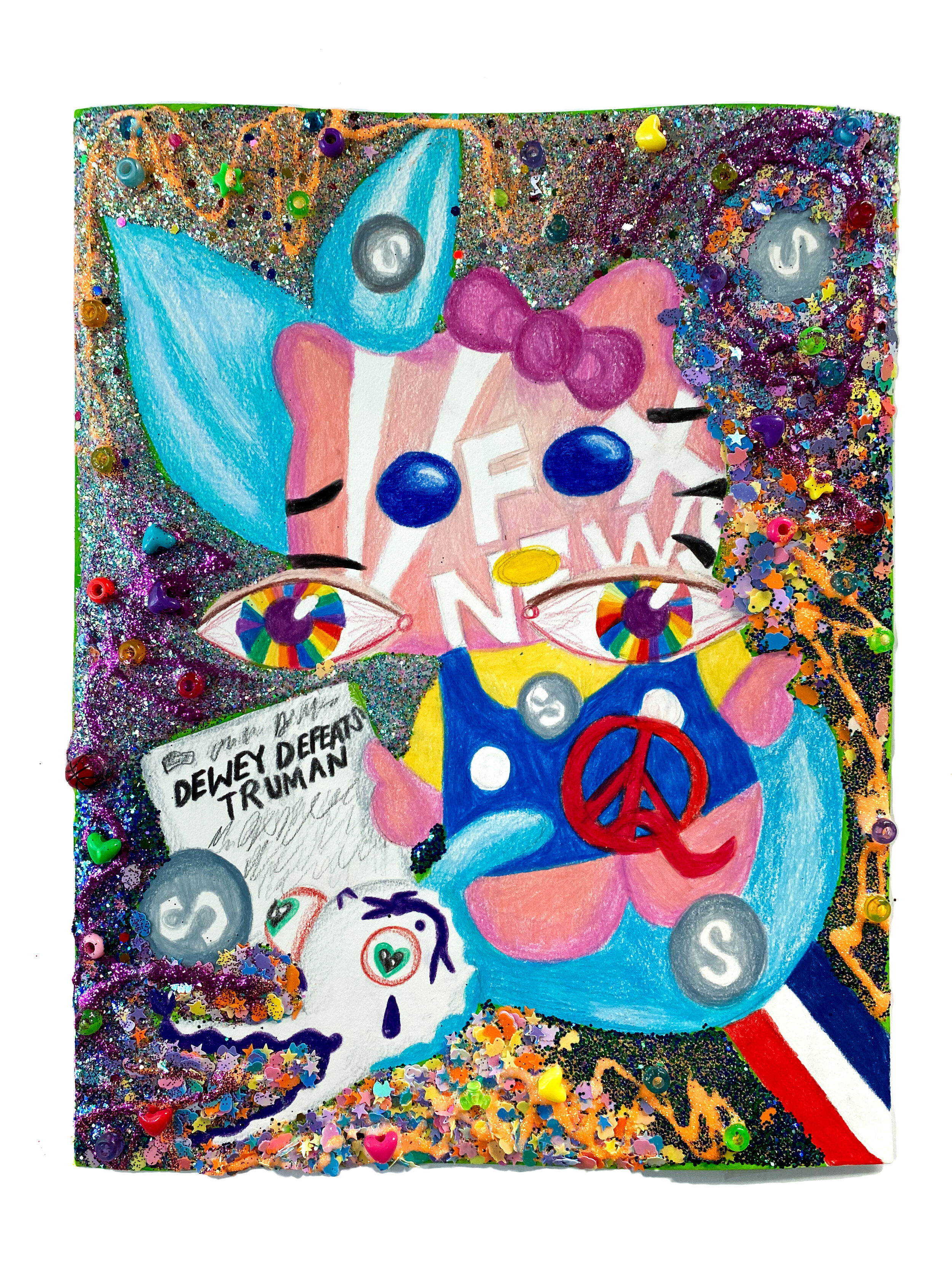   Hello Kitty Funko Pop with Pink Fox News Face Paint Riding a Clown Dolphin with Gray Pride Skittles while Gay Eyes Watch , 2021  14 x 11 inches (38.1 x 27.94 cm.)  Colored pencil, acrylic paint, Elmer's glue, Modge Podge, plastic beads, and glitter