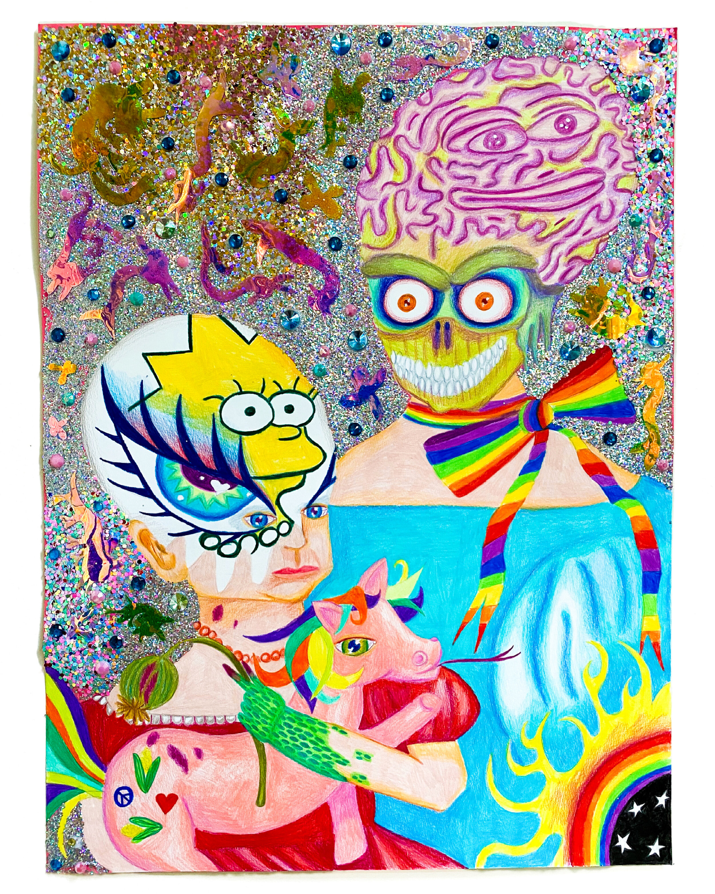   Mother Holding Baby with Lisa Simpson Face Paint Holding a Plastic Pony and Poppy,  2021  24 x 18 inches (60.9 x 45.7 cm.)  Colored pencil, acrylic paint, Elmer's glue, Modge Podge, custom sequins, plastic gems and glitter on paper  Private collect