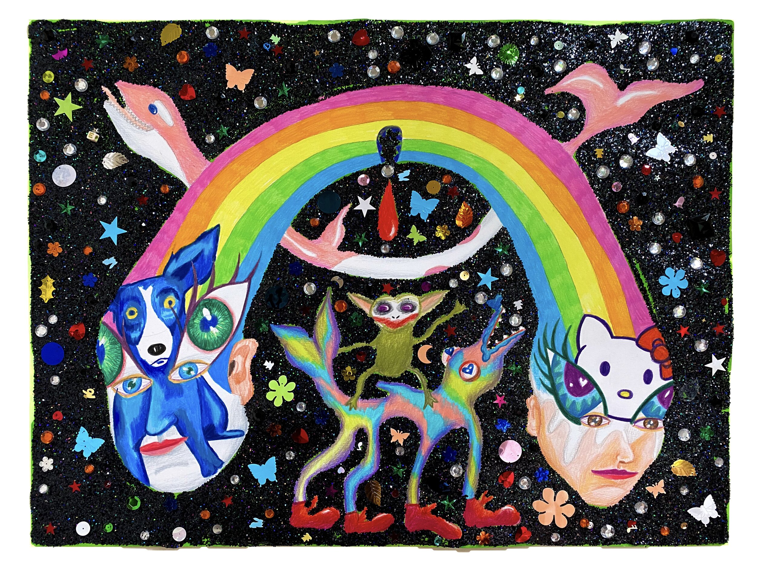   Indigo Children with Cat and Dog Face Paint,  2021  24 x 18 inches (60.96 x 45.72 cm.)  Colored pencil, acrylic paint, Elmer's glue, Modge Podge, sequins, plastic gems, and glitter on paper 