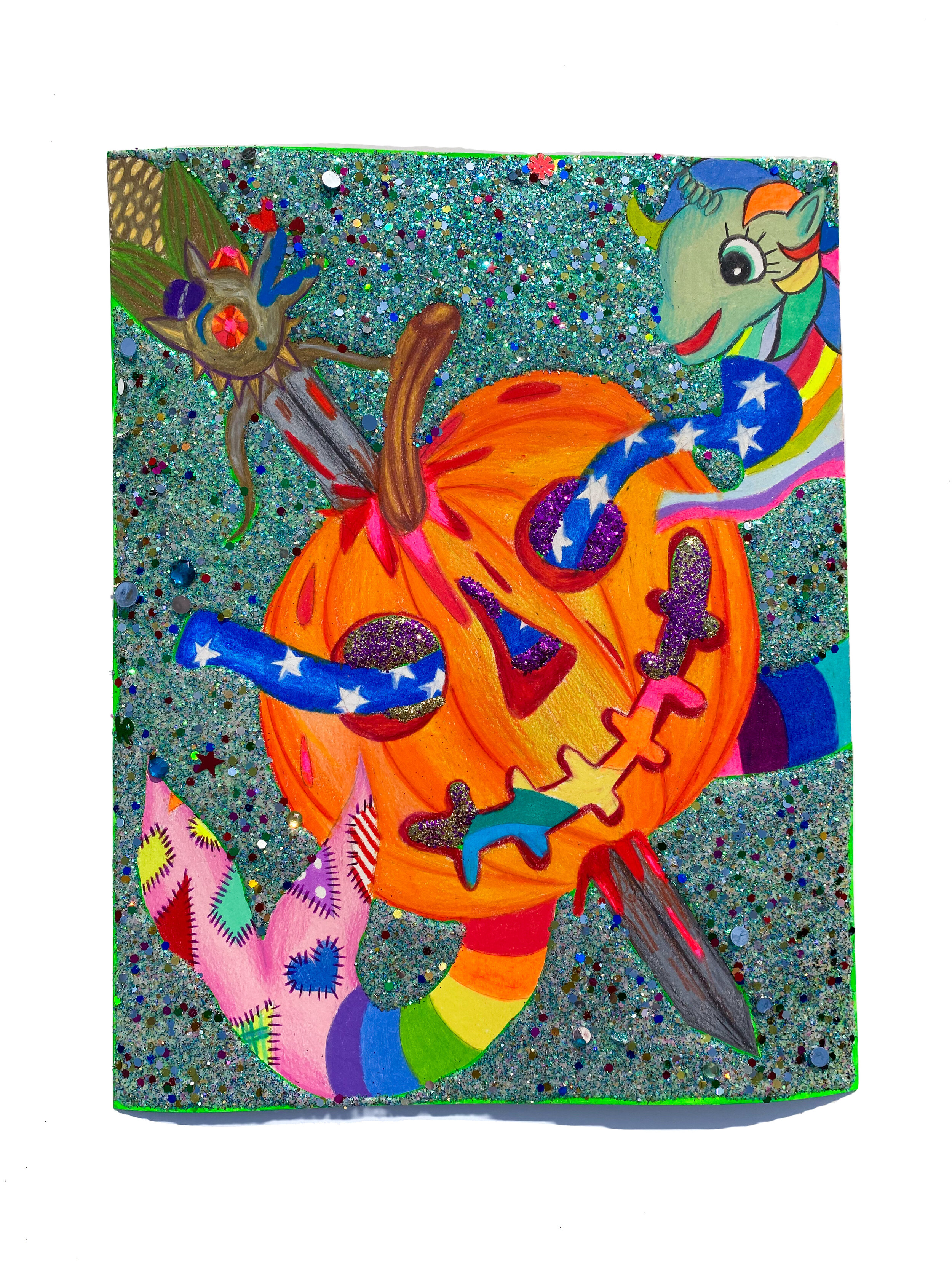   Stabbed Jack O Lantern with Ashamed Girls Pony Dolphin , 2021  14 x 11 inches (38.1 x 27.94 cm.)  Colored pencil, acrylic paint, Elmer's glue, Modge Podge, and glitter on paper  Private collection, Birmingham, MI 