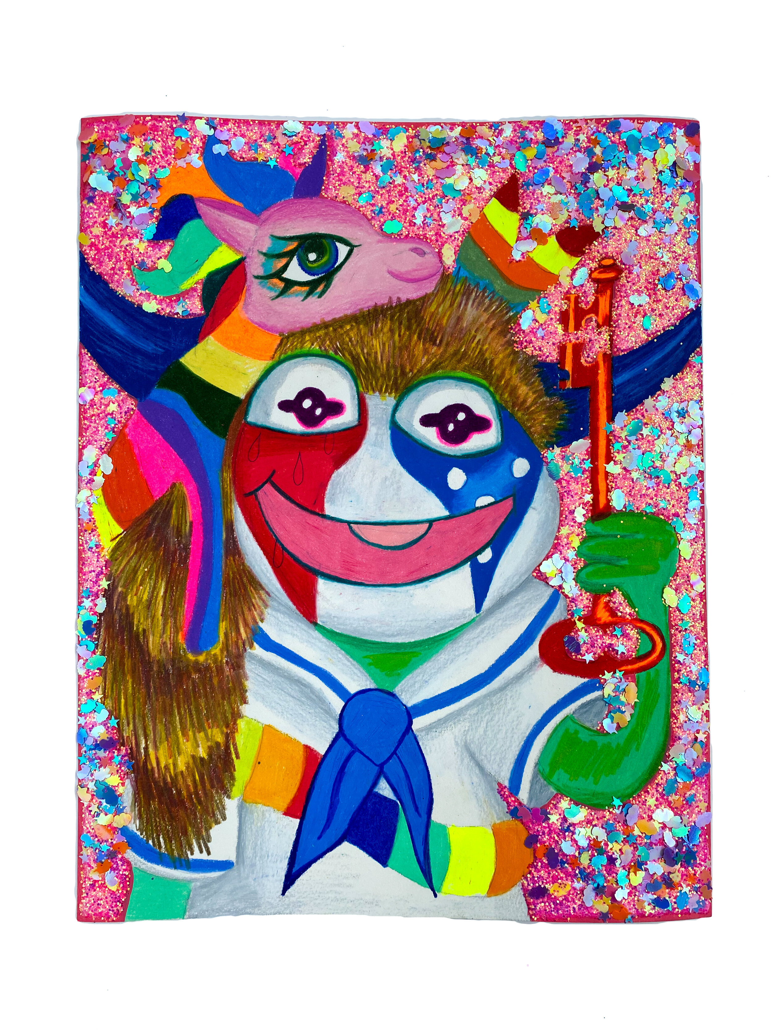   Keys to the Kingdom (Muppet Baby Kermit Q Shaman with Ashamed Girls Pony Dolphin),  2021  14 x 11 inches (35.56 x 27.94 cm.)  Colored pencil, acrylic paint, Elmer's glue, Modge Podge, and glitter on paper 