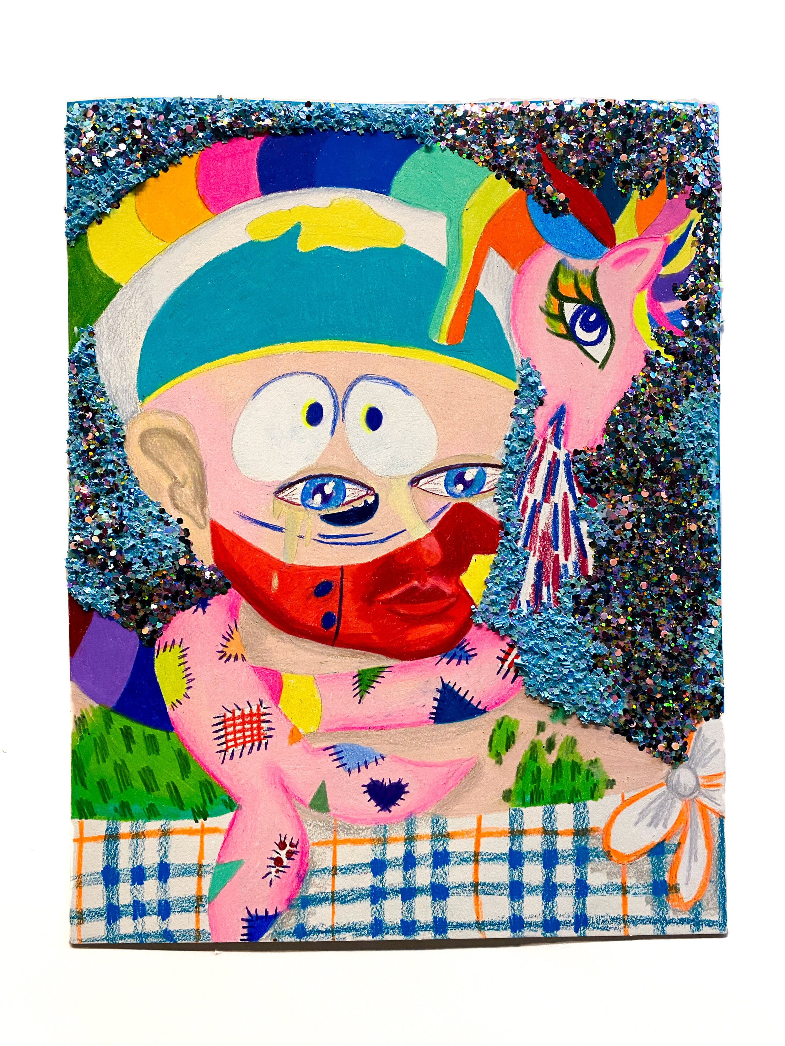   Baby with Eric Cartman Face Paint and Ashamed Girls Pony Dolphin,  2021  14 x 11 inches (38.1 x 27.94 cm.)  Colored pencil, acrylic paint, Elmer's glue, Modge Podge, and glitter on paper 