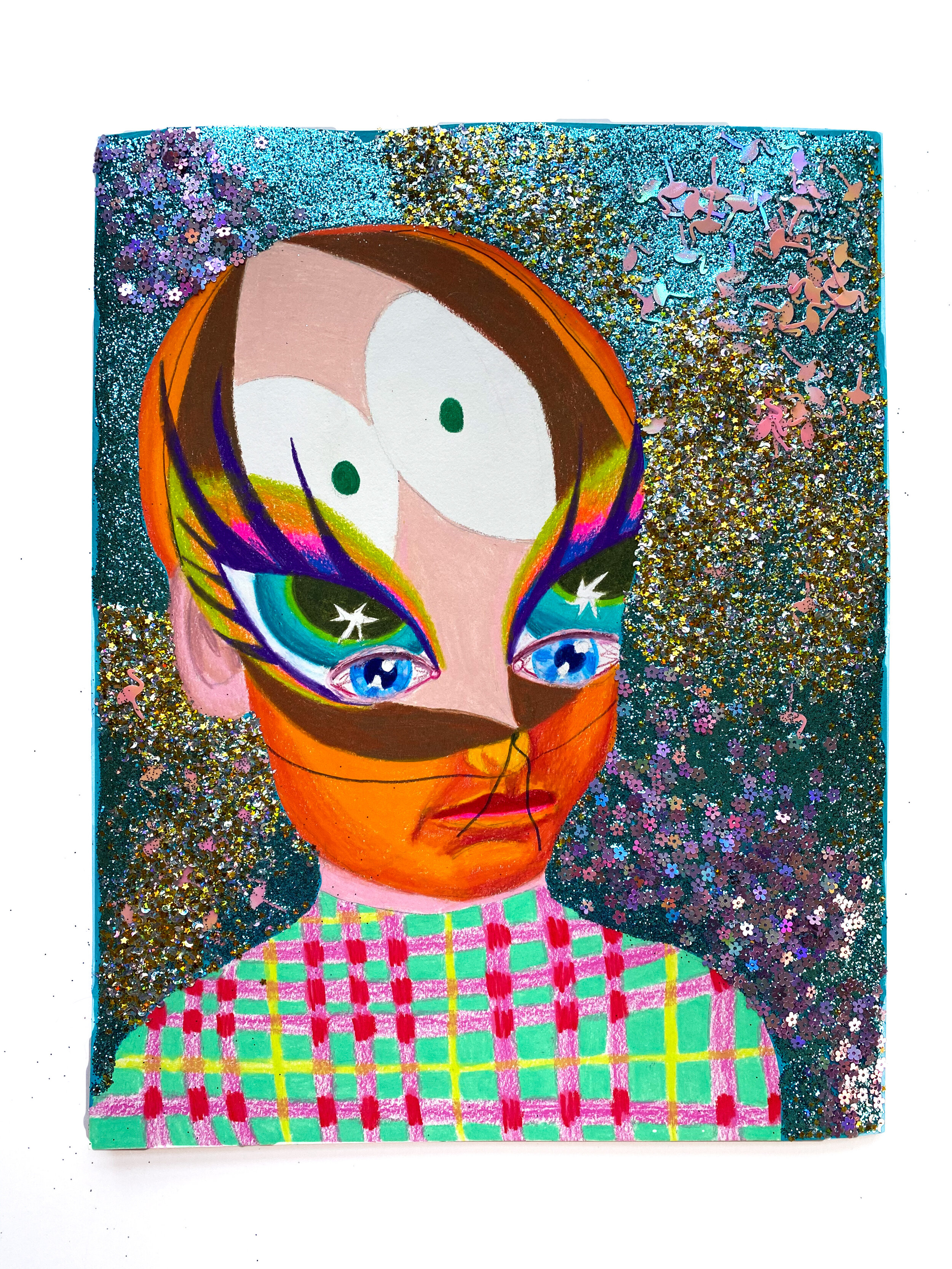   Baby with Kenny Face Paint,  2021  14 x 11 inches (38.1 x 27.94 cm.)  Colored pencil, acrylic paint, Elmer's glue, Modge Podge, and glitter on paper 