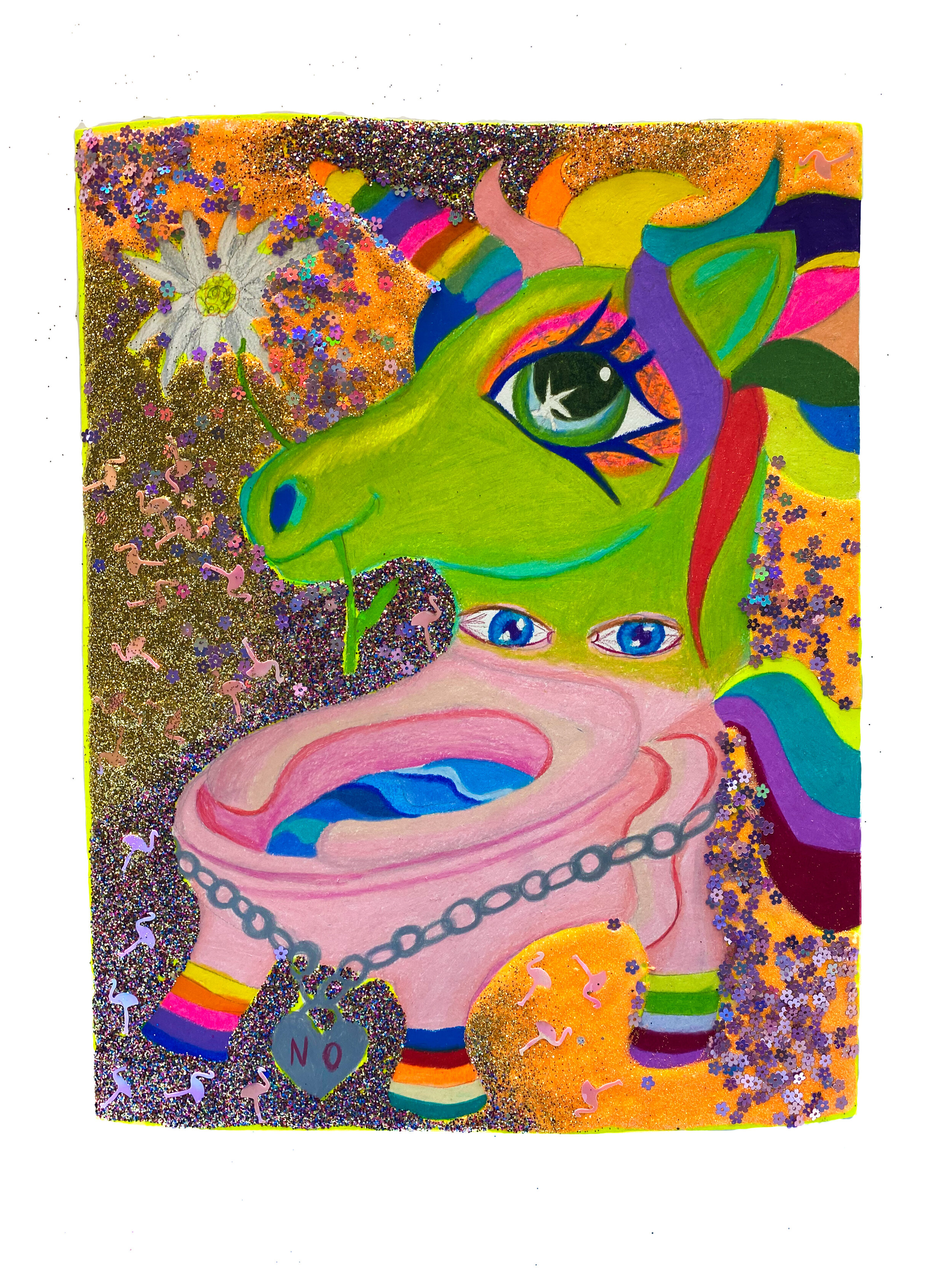   Ashamed Girls Pony Toilet , 2021  14 x 11 inches (38.1 x 27.94 cm.)  Colored pencil, acrylic paint, Elmer's glue, Modge Podge, and glitter on paper  Private collection, Birmingham, MI 