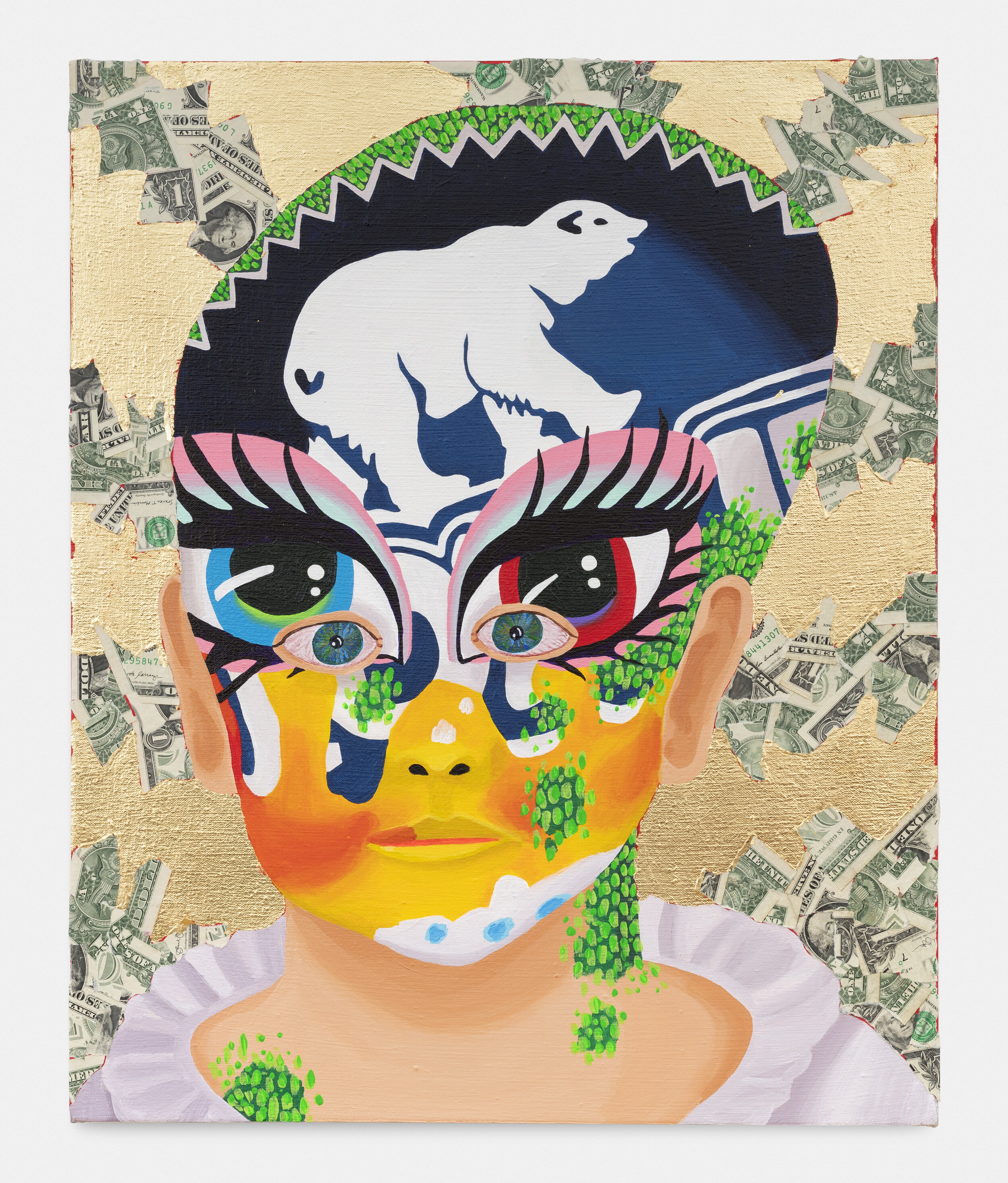   “Shiloh doesn’t care (Boy with Klondike and Global Warming Map Face Paint)”,  2020  17 x 21 x 1.5 inches (43.18 x 53.34 x 3.81 cm.)  Acrylic, gold leaf, and dollar bills on linen  Private collection 