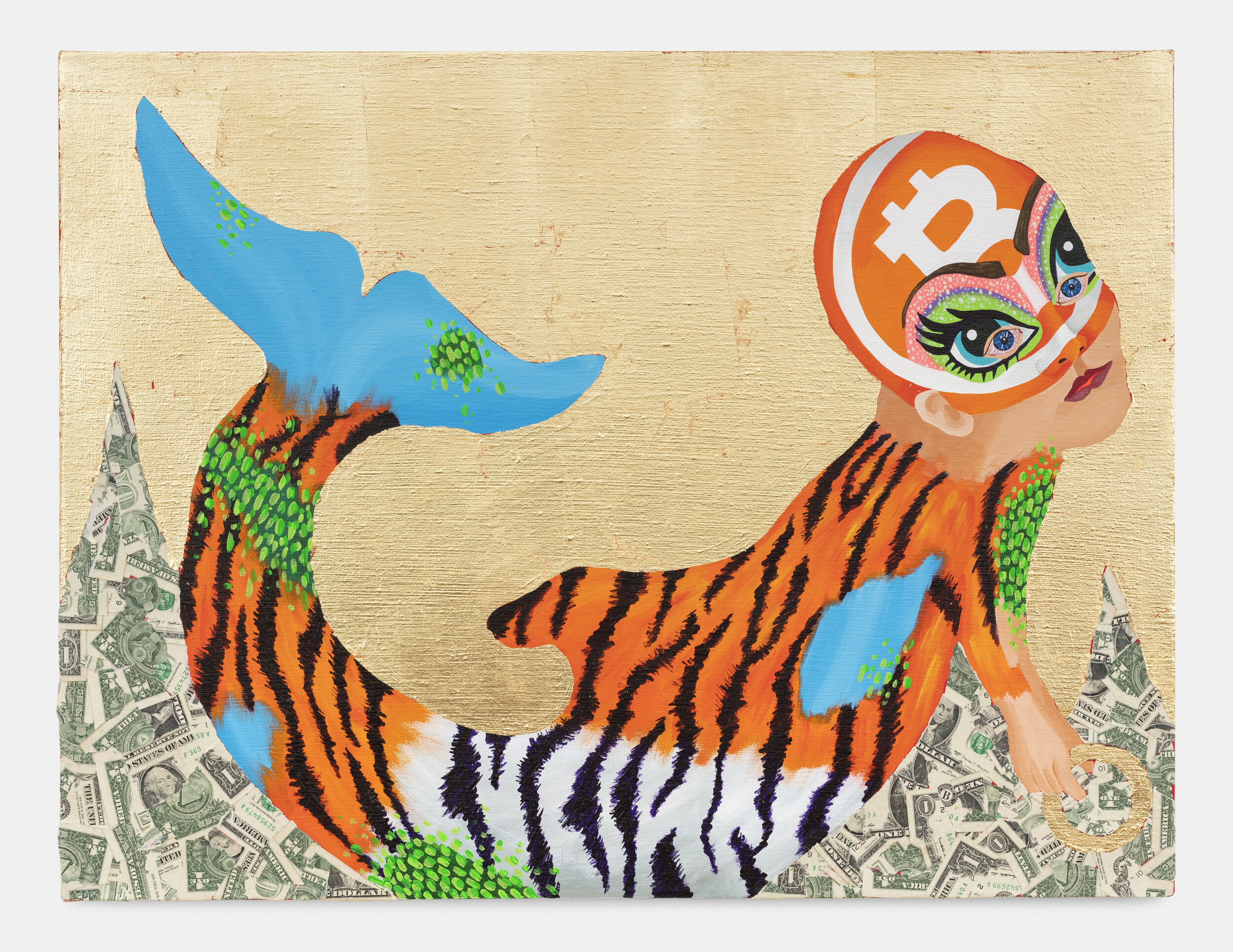   “Peaceable Kingdom #2 (Bitcoin Baby/Dolphin/Tiger)” , 2020  29 x 22 x 1.5 inches (73.66 x 55.88 x 3.81 cm.)  Acrylic, gold leaf, and dollar bills on linen 