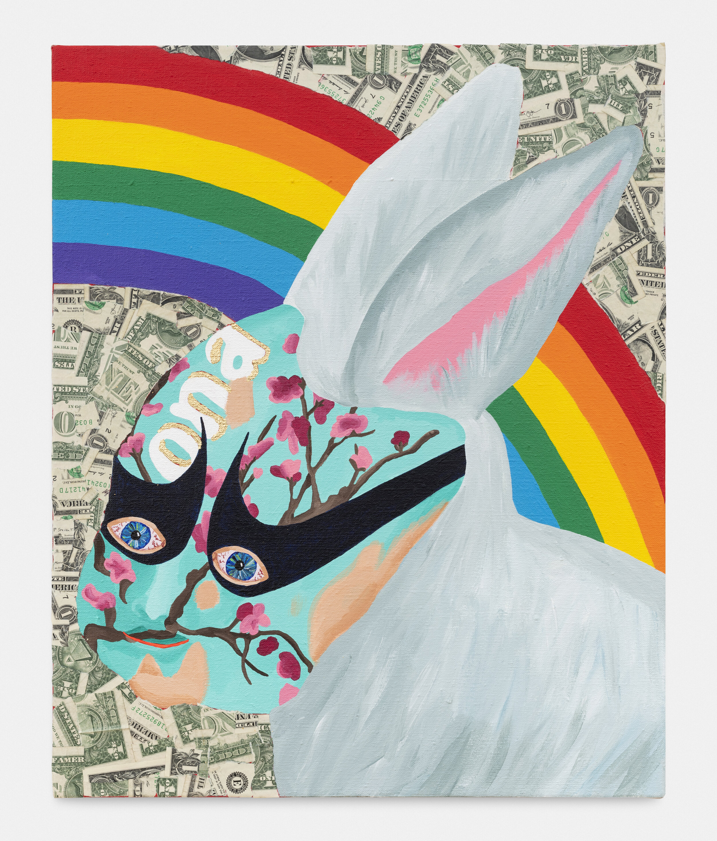   Baby/Bunny with Arizona Iced Tea Face Paint and Nike Eyes , 2020  17 x 21 x 1.5 inches (43.18 x 53.34 x 3.81 cm.)  Acrylic, gold leaf, and dollar bills on linen  Private Collection 