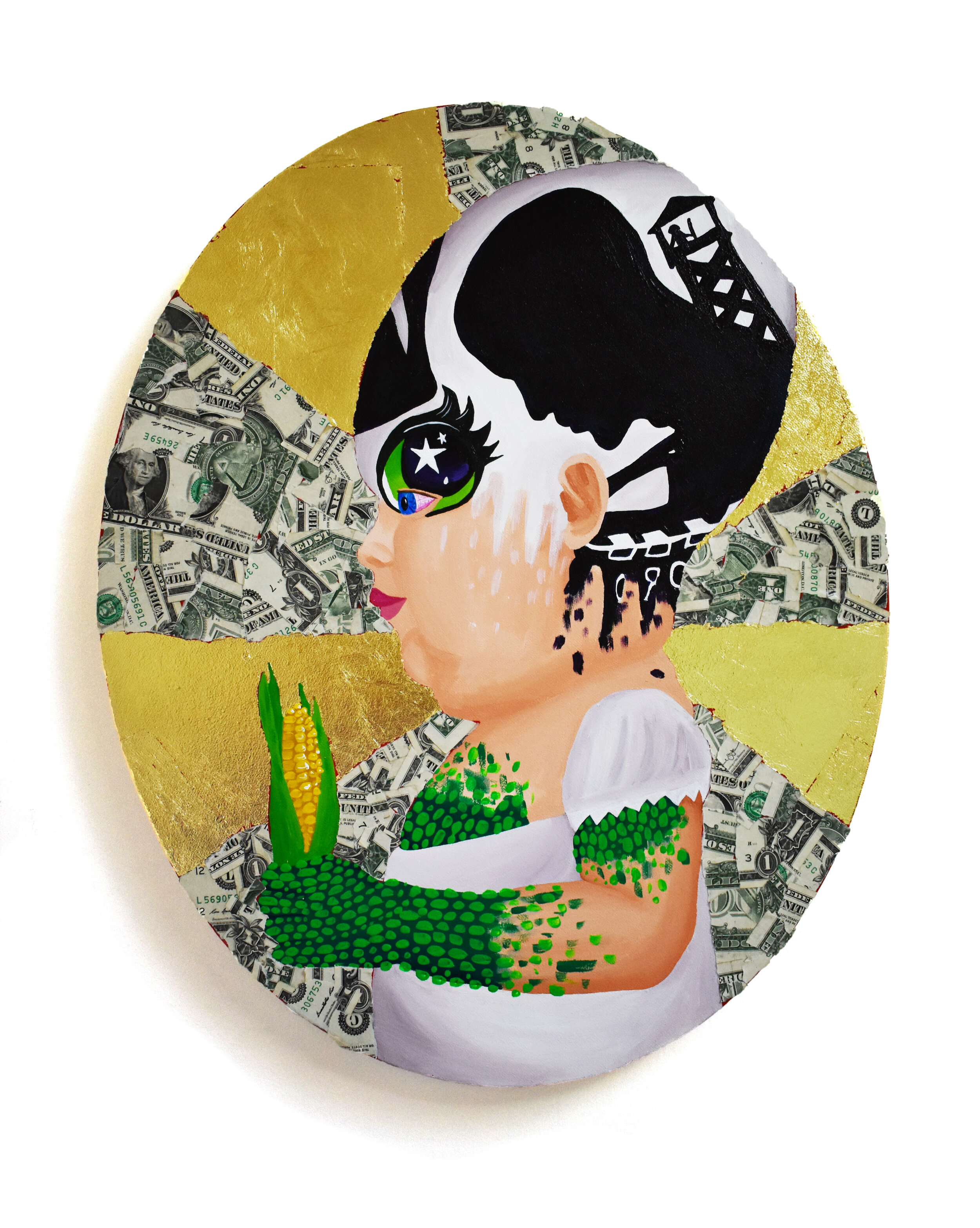   Cornfield Canaries , 2019  16 x 20 inches (oval) (40.64 x 50.8 cm.)  Acrylic, gold leaf, and American dollar bills on canvas  Private collection, Zürich 