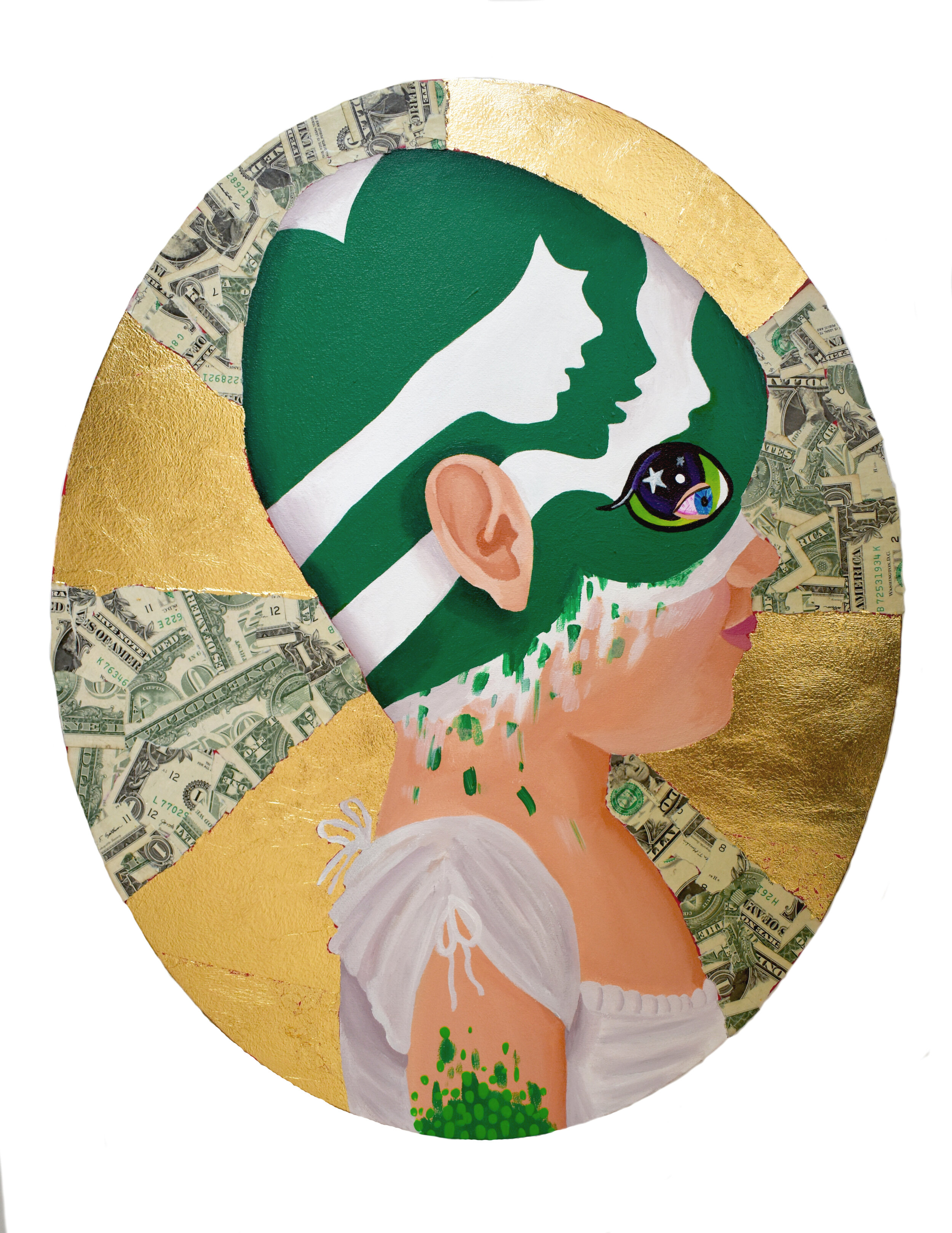   Painted Girl Scout Youth , 2019  16 x 20 inches (oval) (40.64 x 50.8 cm.)  Acrylic, gold leaf, and American dollar bills on canvas  Private collection, Zürich 