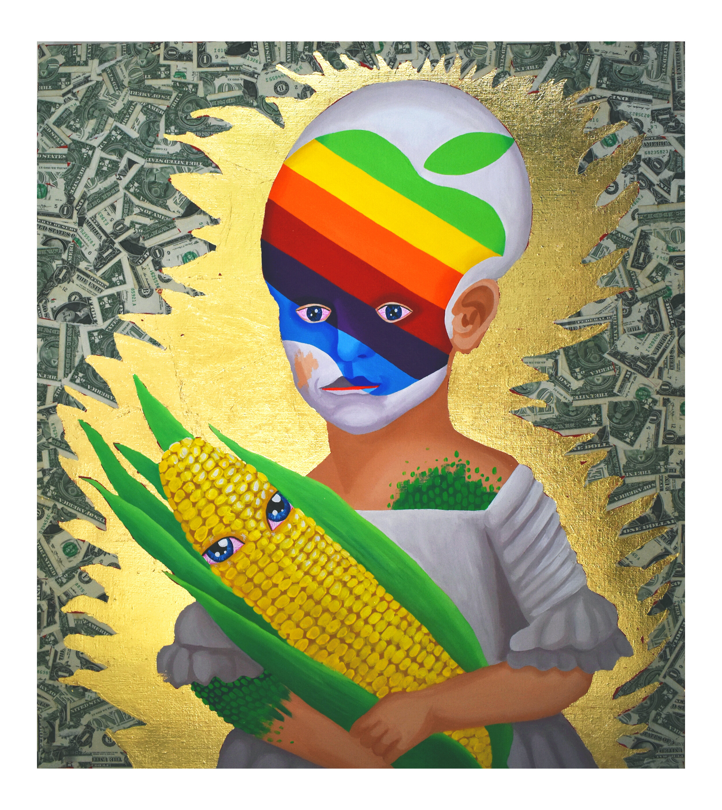   Retro Apple Boy with Sentient Corn , 2019  30 x 26 x 1.5 inches (76.2 x 66.04 x 3.81 cm.)  Acrylic, gold leaf, and American dollar bills on on linen  Private collection 
