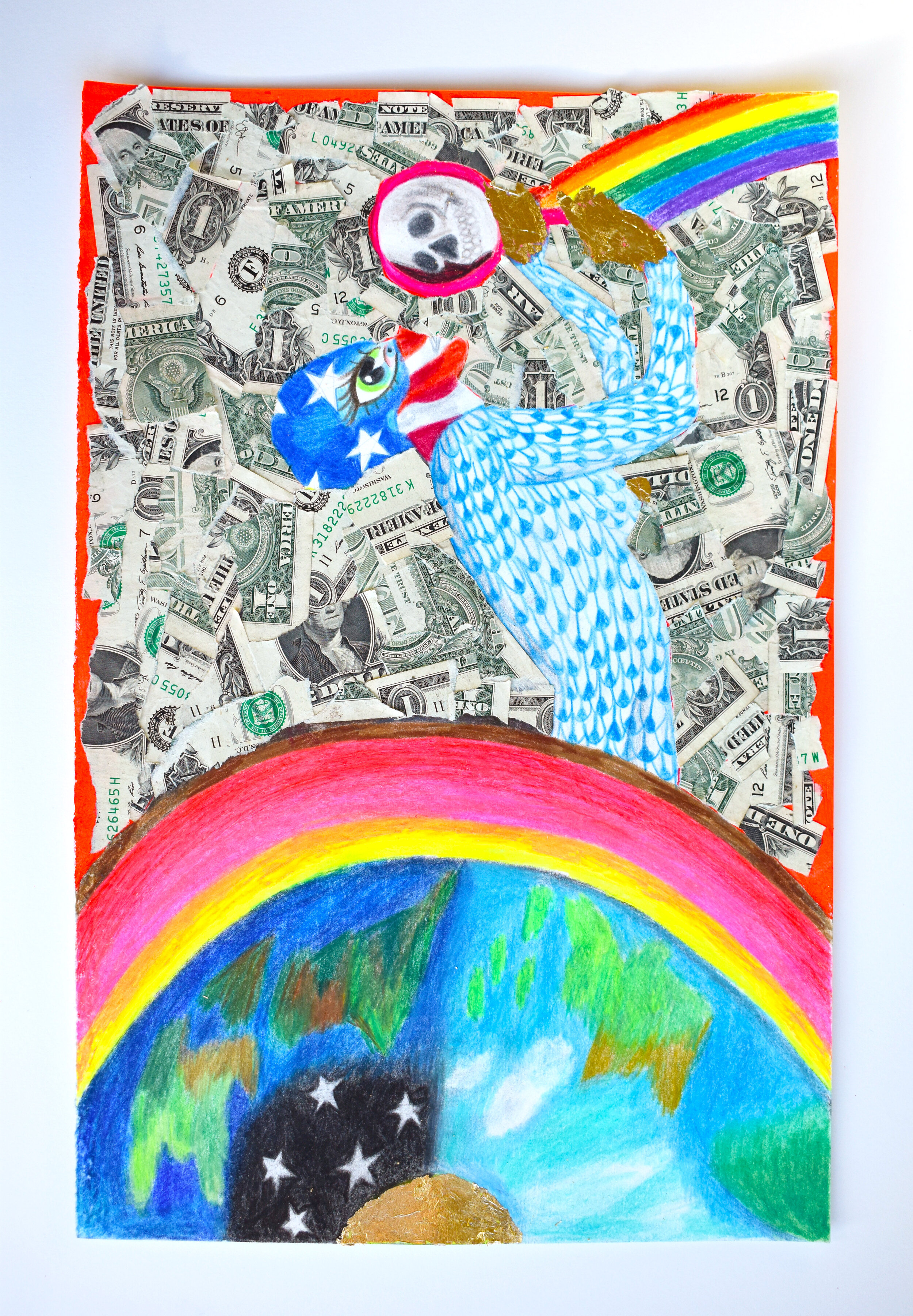   Fantastic Life in the Mirror,  2019   14 x 10 inches (35.56 x 25.4 cm.)   Colored pencil, acrylic paint, and money on paper 