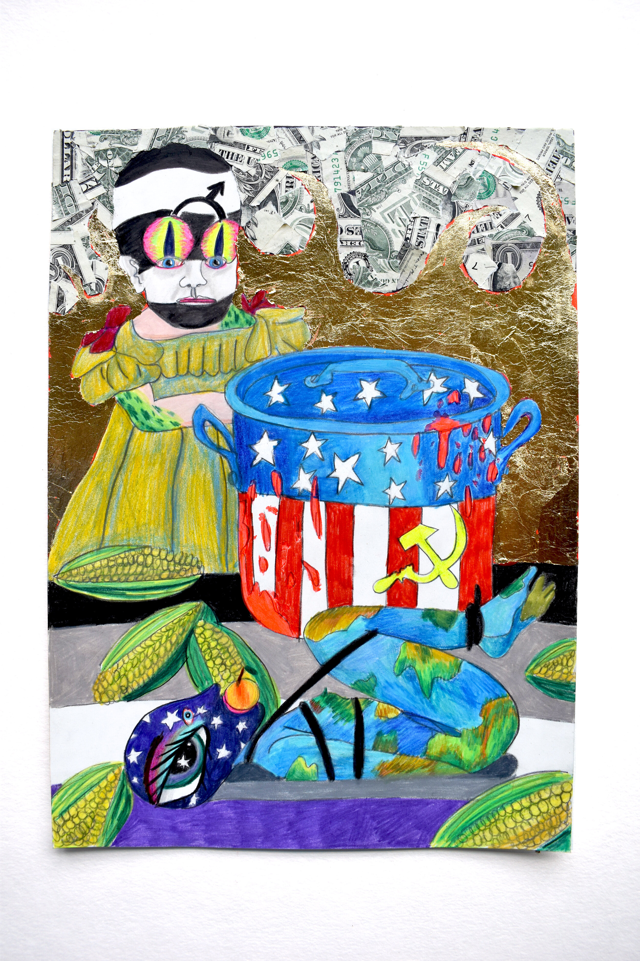   Cannibalism is a Metaphor,  2019  14 x 11 inches (35.56 x 27.94 cm.)  Colored pencil, gold leaf, Modge Podge, and dollar bills on paper  Private collection, New York 
