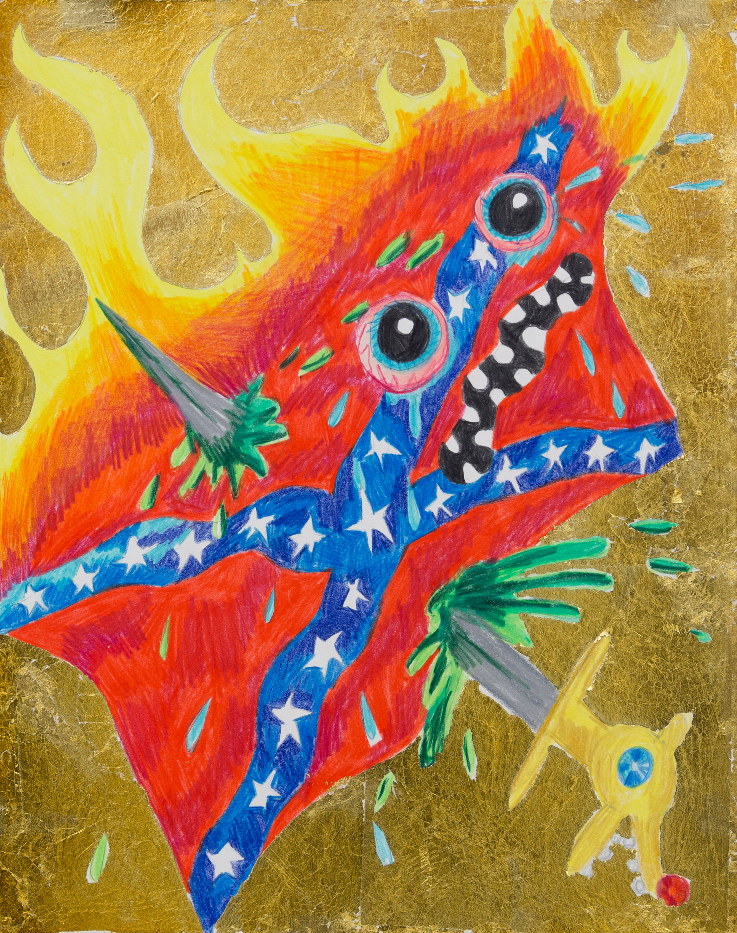   Stabbed, Crying, and on Fire Rebel Flag,  2017  14 x 11 Inches (35.56 x 27.94 cm.)  Colored Pencil and Gold Leaf on Paper 