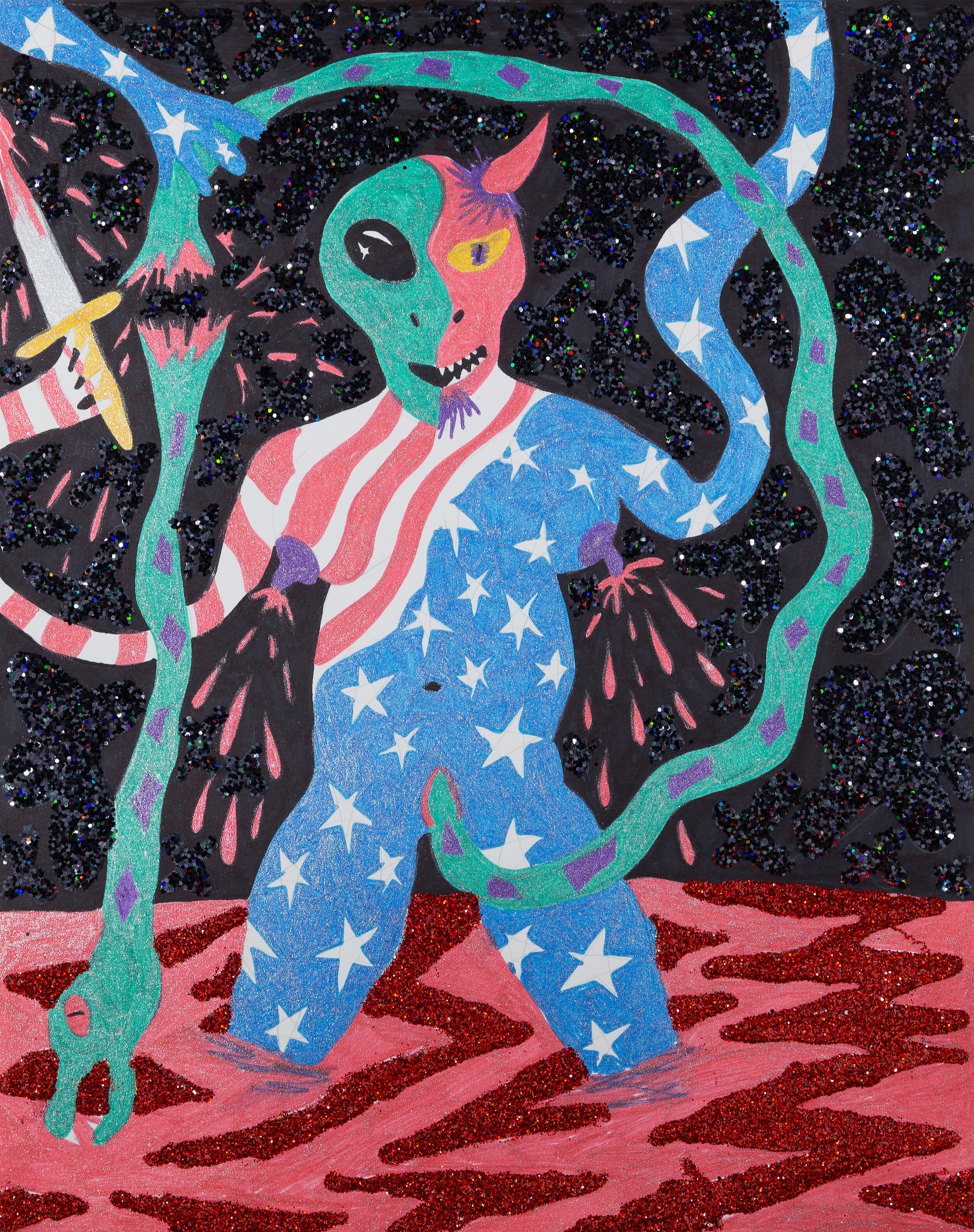   The Alien Devil Cut Up The Snake Baby,  2017  14 x 10 inches (35.56 x 25.4 inches)  Crayola glitter markers and glitter on paper 