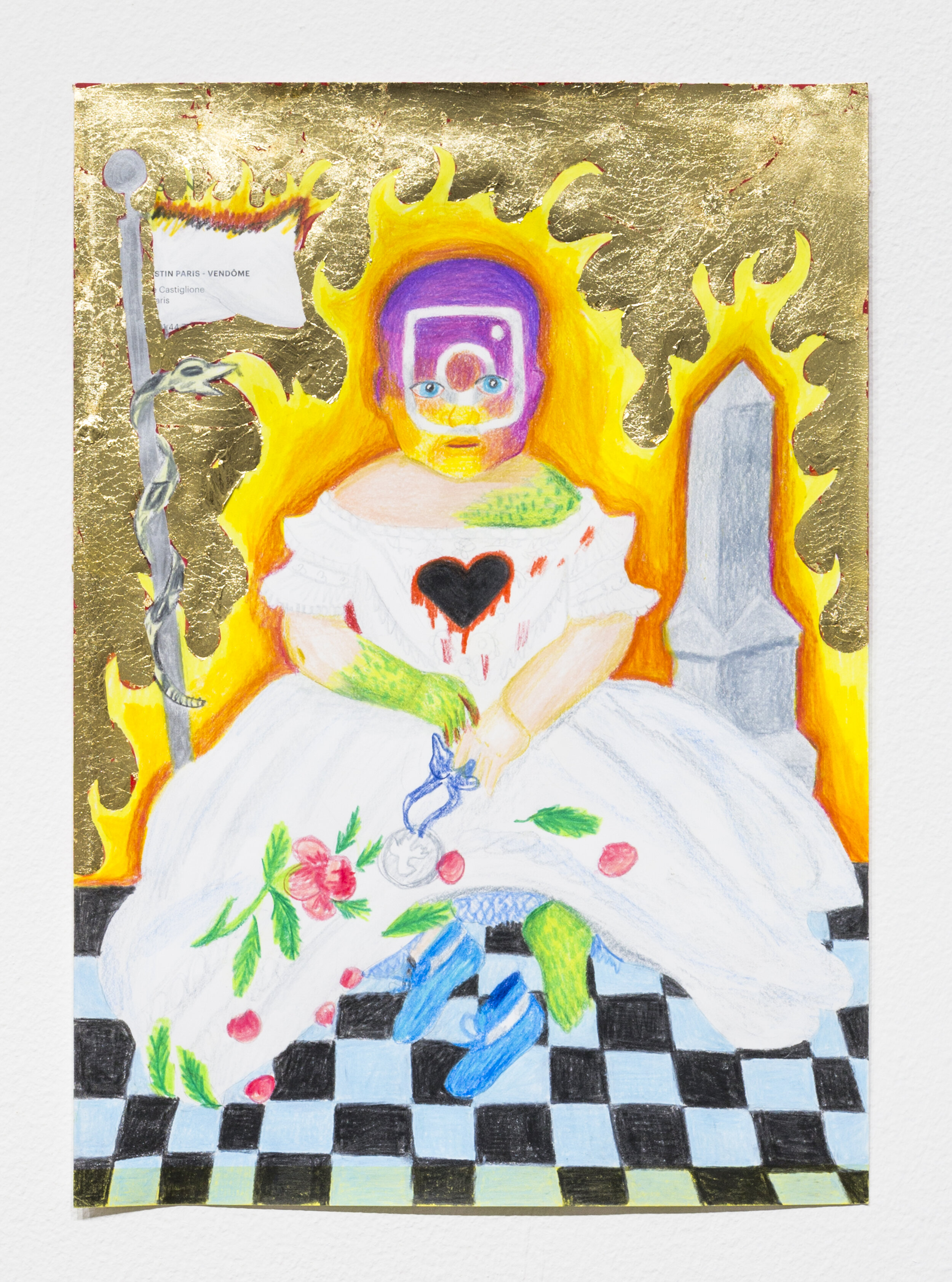   Baby with Burning White Flag and Blank Monument,  2018  11.75 x 8.25 inches (29.84 x 20.95 cm.)  Colored pencil and gold leaf on hotel stationary 