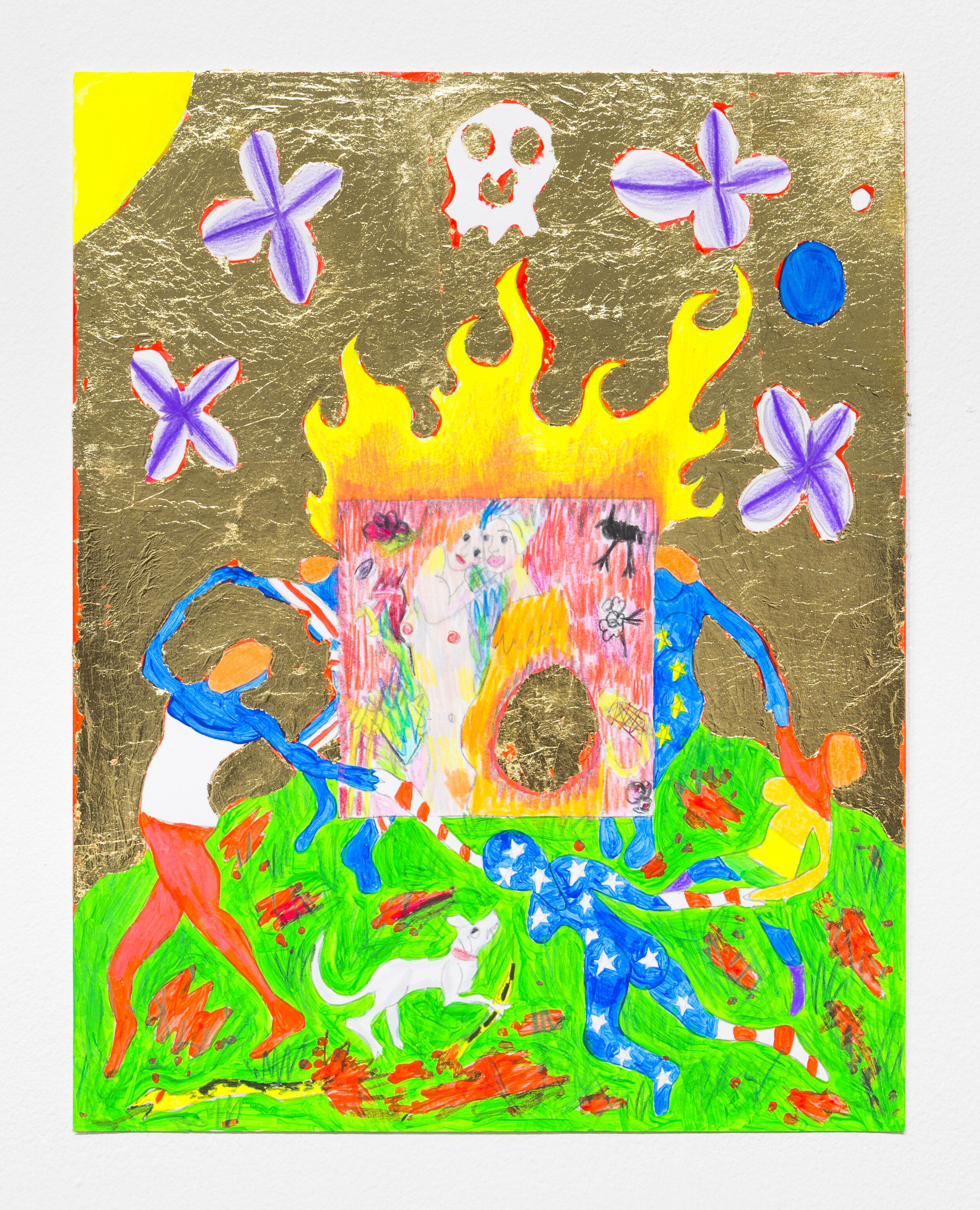   Burning Girlfriends with Lilac,  2018  14 x 11 inches (35.56 x 27.94 cm.)  Colored pencil, acrylic paint, and gold leaf on paper 