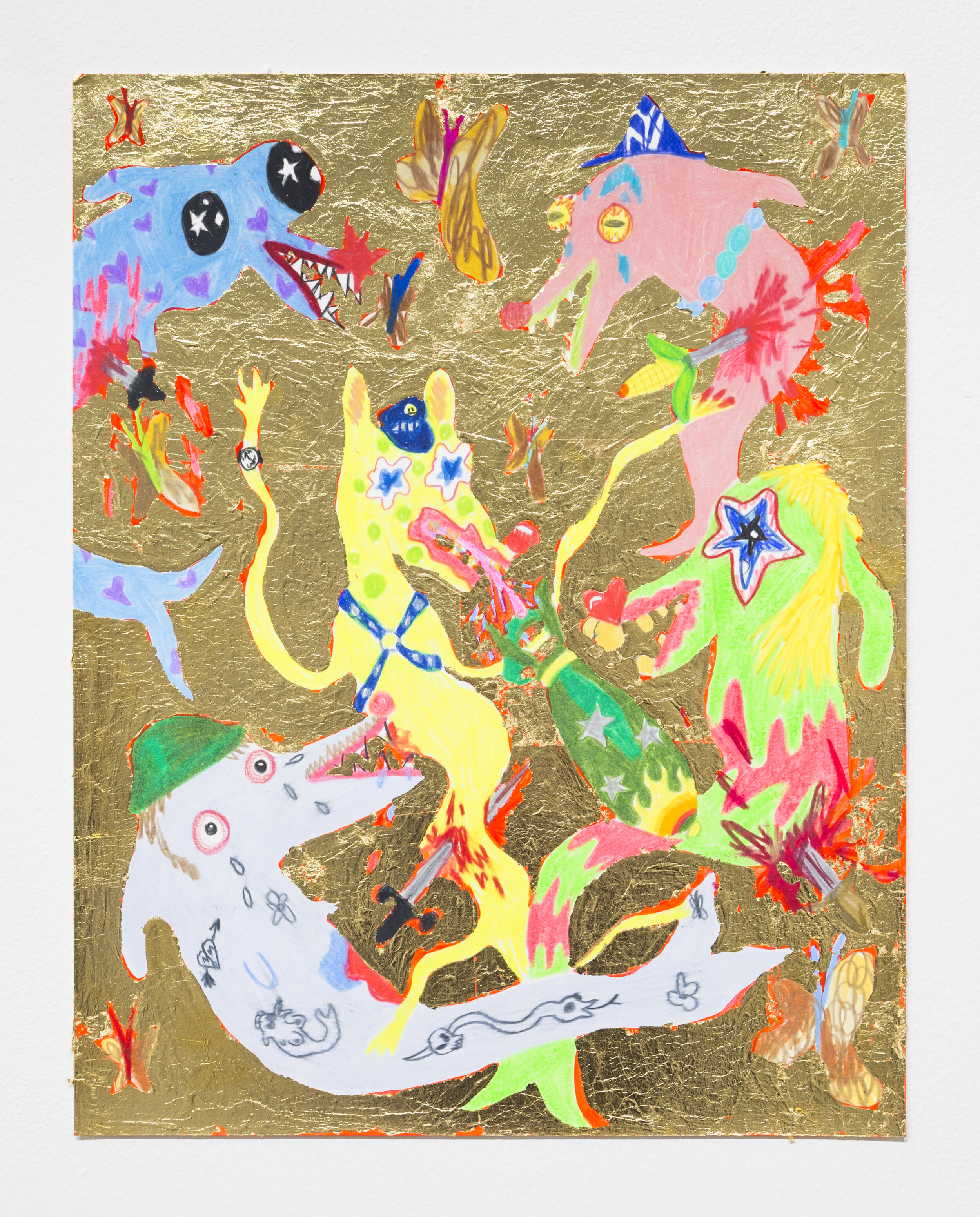   Bobby Dolphin and His Friends,  2018  14 x 11 inches (35.56 x 27.94 cm.)  Colored pencil, acrylic paint, and gold leaf on paper  Private collection, Washington, DC 