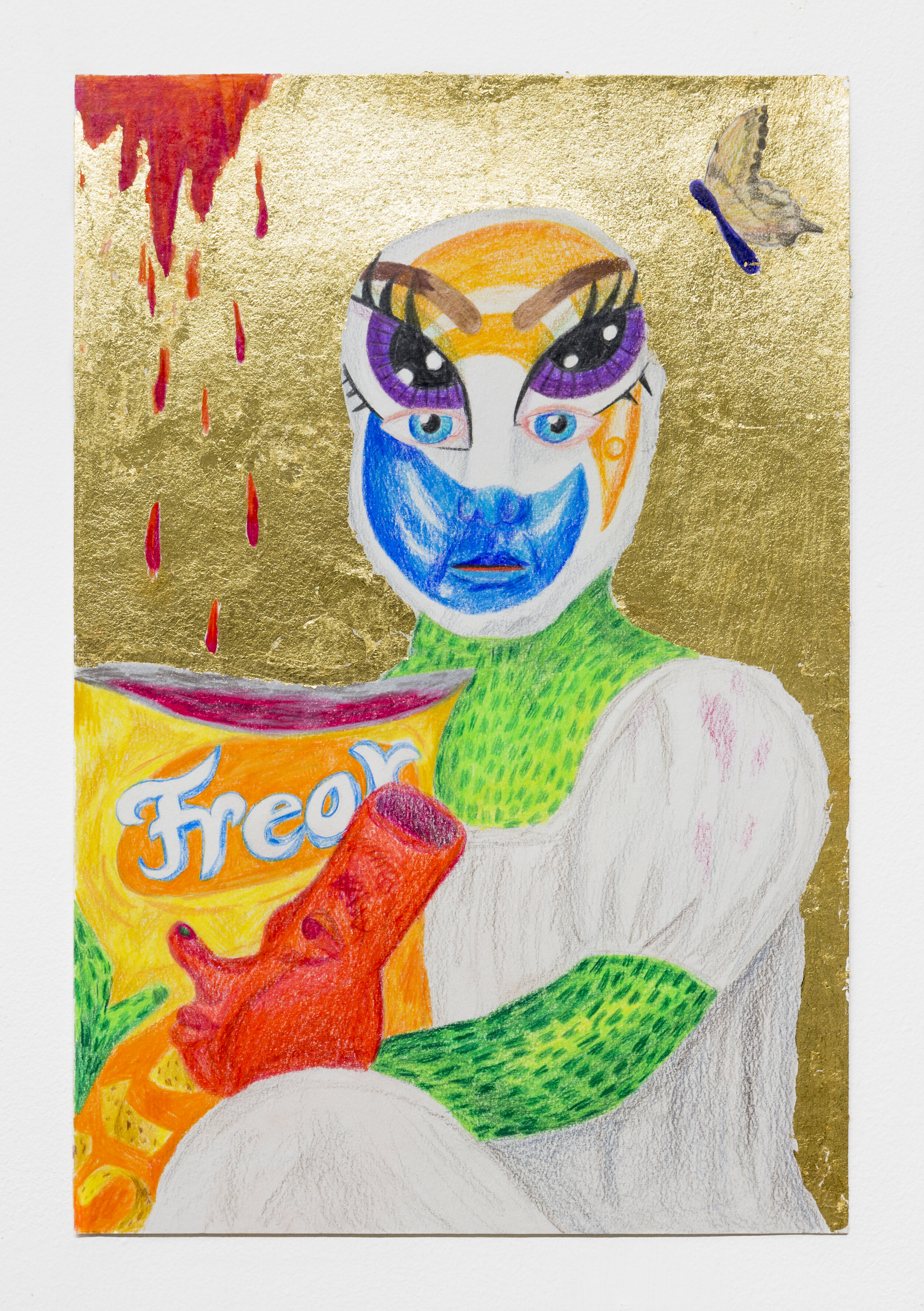   Tidepodphagia #1 (Baby with Bratz Eyes and Nixon Bong),  2018  18 x 12 inches (45.72 x 30.48 cm.)  Colored pencil and gold leaf on paper 