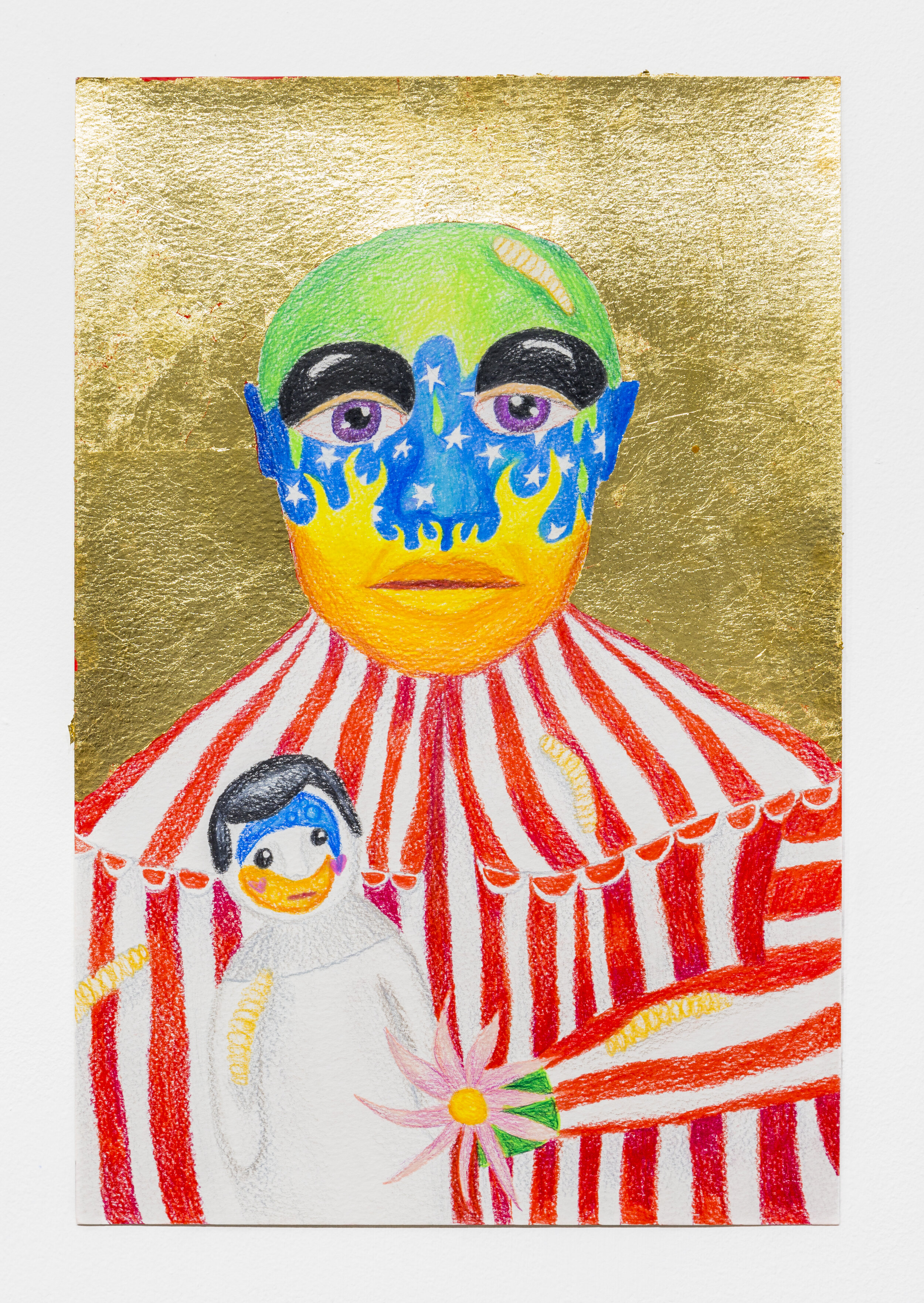   Tidepodphagia #2 (Girl with Doll and maggots),  2018  18 x 12 inches (45.72 x 30.48 cm.)  Colored pencil and gold leaf on paper 