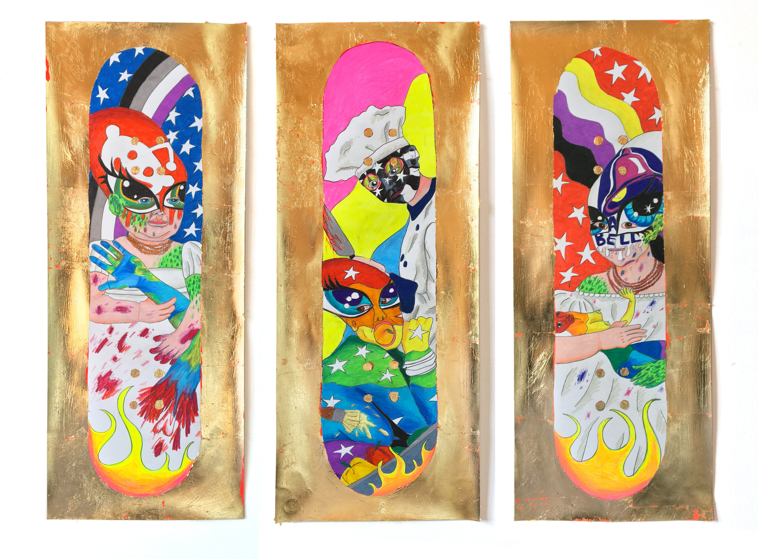   Skateboard Triptych , 2019  Colored pencil, acrylic paint, and gold leaf on paper  Private collection, Princeton, NJ 