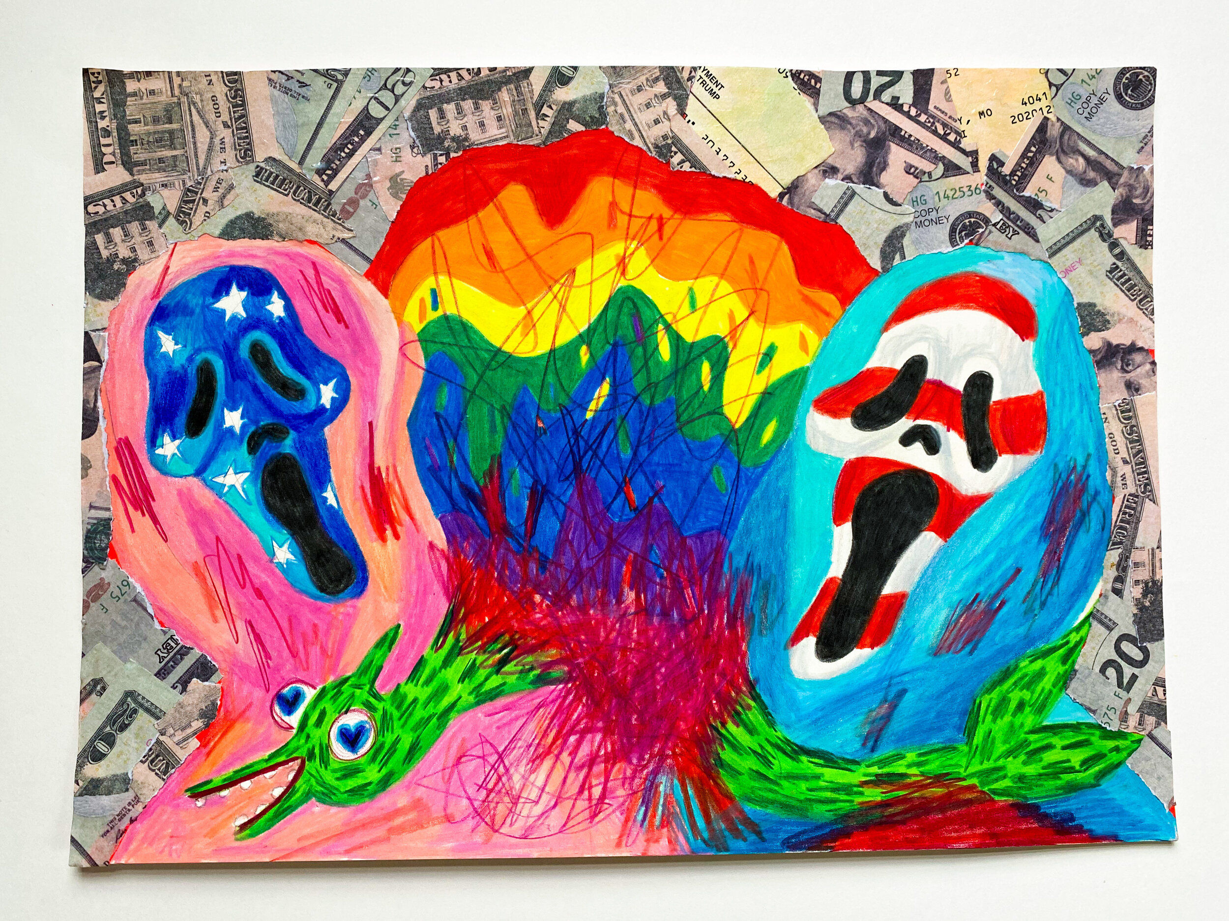   Face Painted Scream Masks and Exploded Alien Dolphin,  2020  11 x 14 inches (27.94 x 35.56 cm.)  Colored pencil, Modge Podge, acrylic paint, stimulus check, and fake money on paper  Private collection 