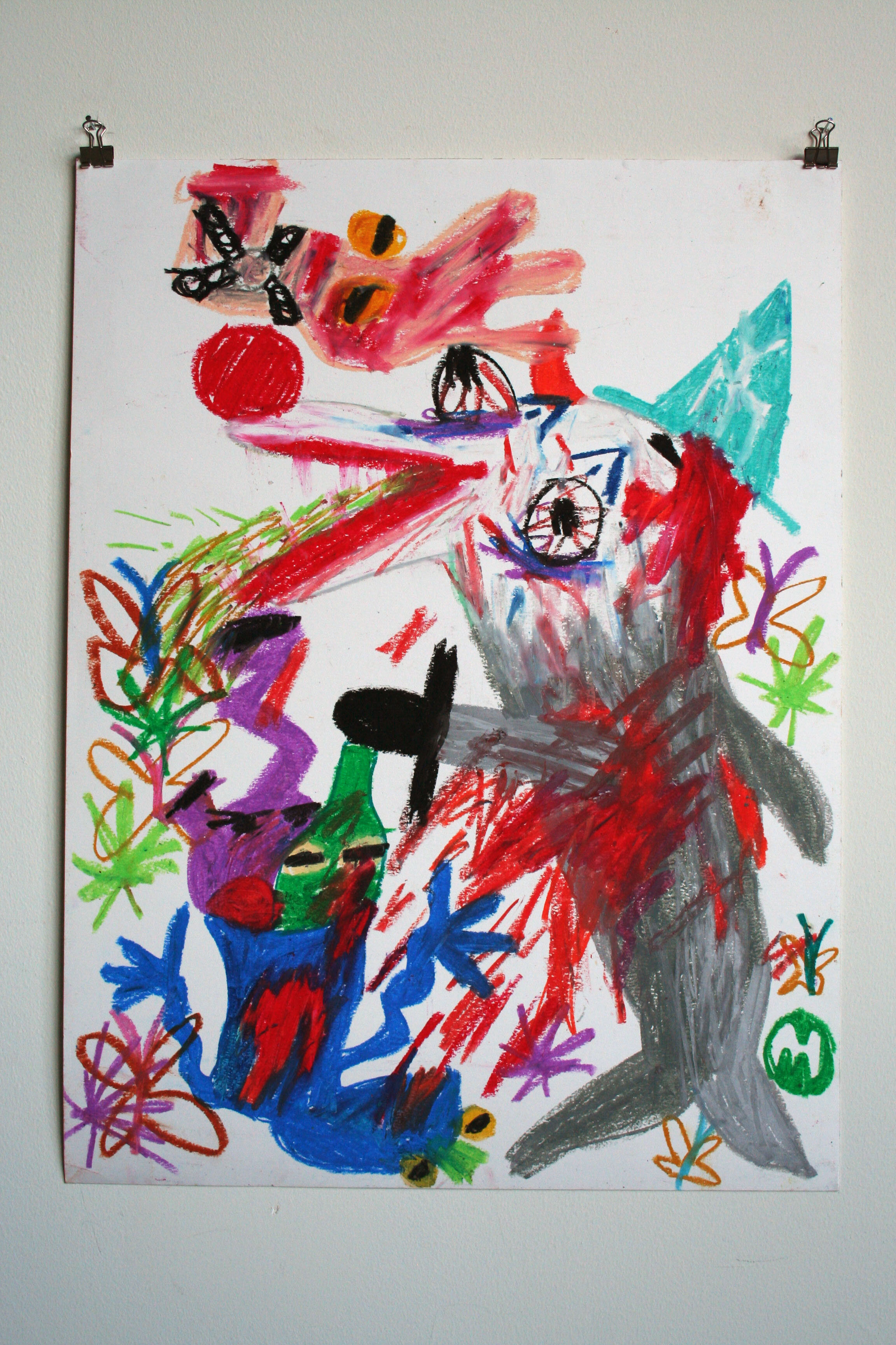   Dolphin Witch and Puppet Basket , 2014  24 x 18 inches (60.96 x 45.72 cm.)  Oil pastel on paper 