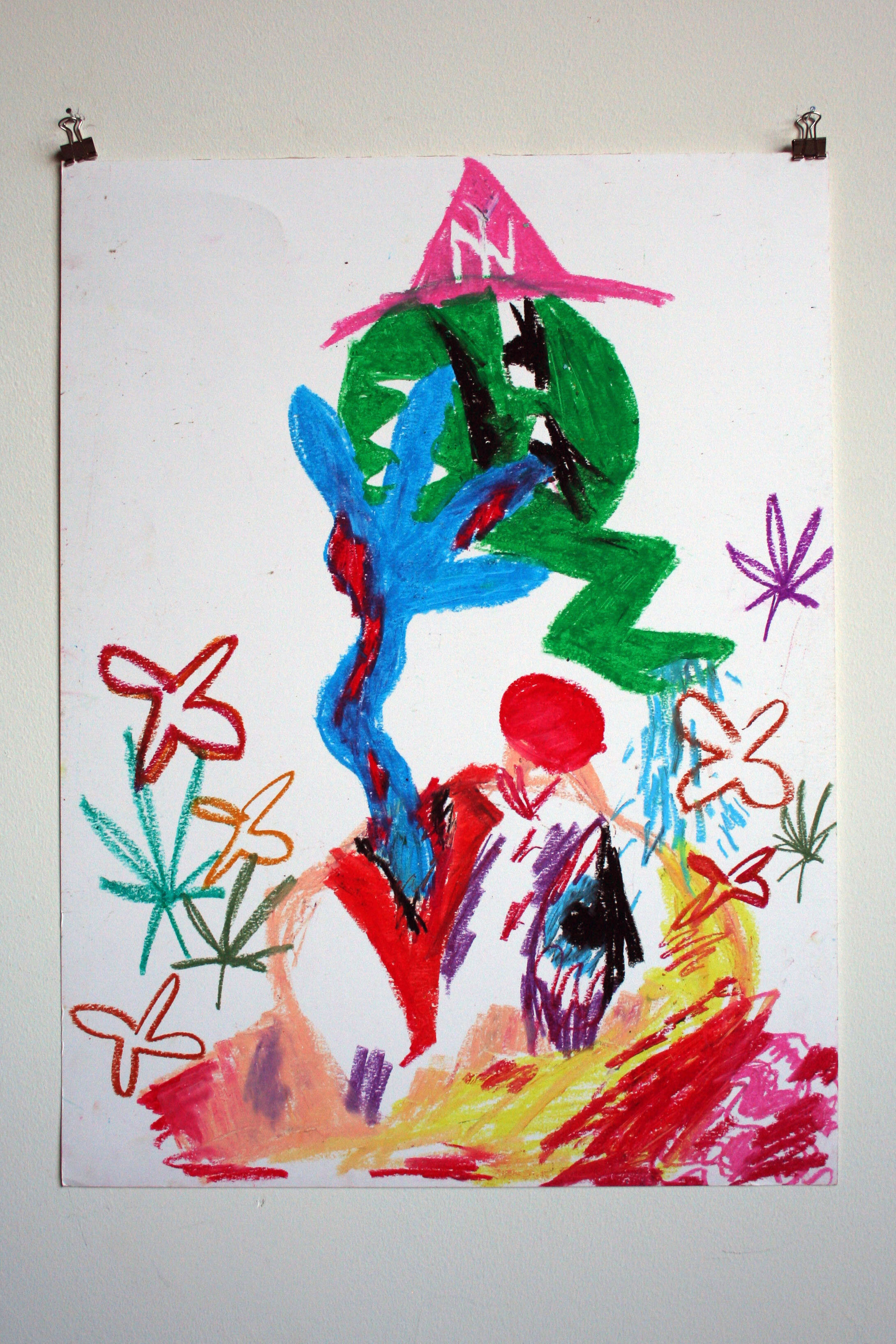   Severed Blonde Head and Ms. Green Bong,  2014  24 x 18 inches (60.96 x 45.72 cm.)  Oil pastel on paper 