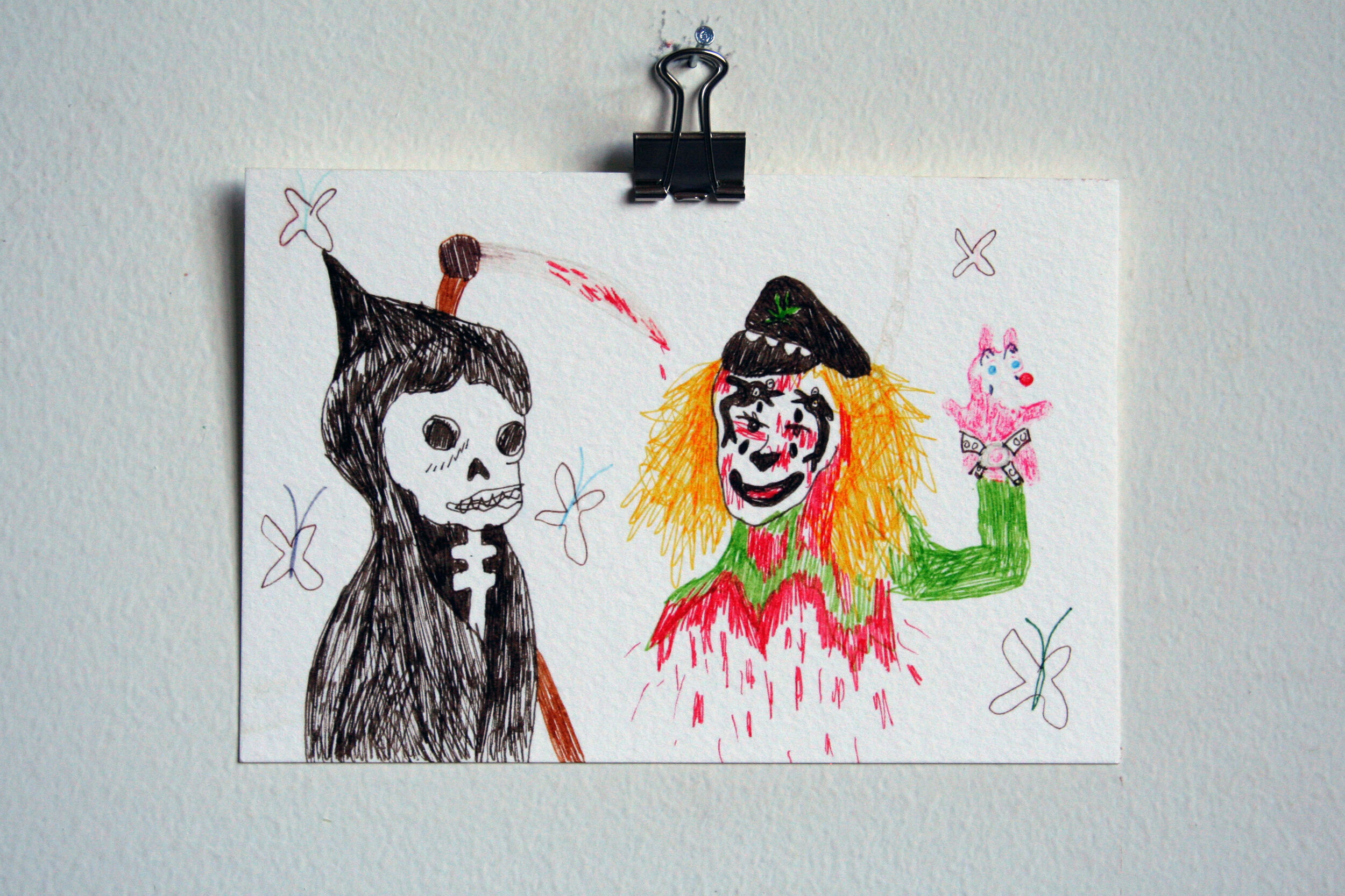   Old Put Plays with Death , 2015  4 x 6 inches (10.16 x 15.24 cm.)  Marker on paper 