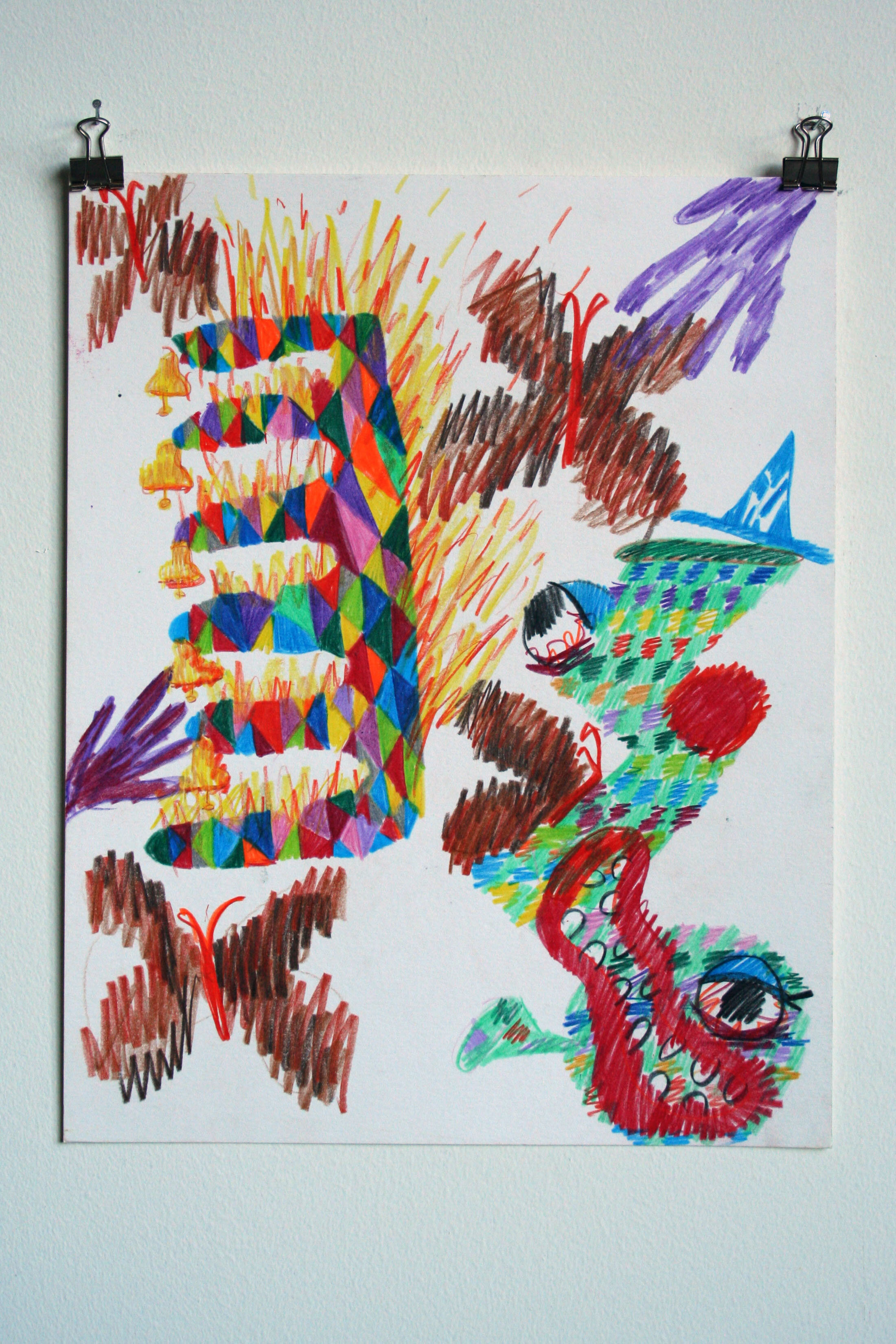   The Jester Comb with Bells Burned and the Basket Bong Juss Laffed N’ Watched,  2013  11 x 14 inches (27.94 x 35.56 cm.)  Colored pencil on paper 