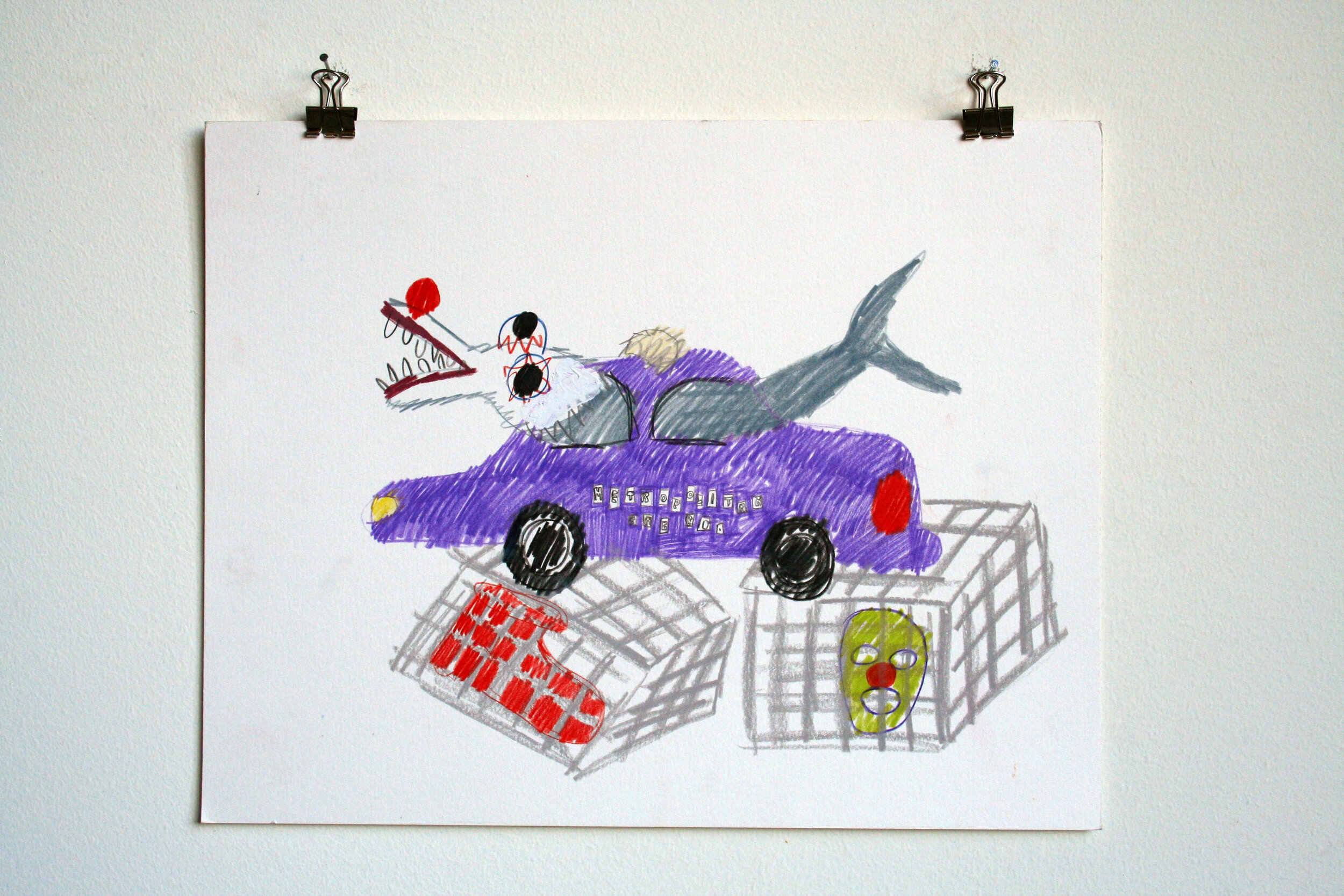  Detroit Metropolitan Cab Crushing Some Cages,  2013  11 x 14 inches (27.94 x 35.56 cm.)  Colored pencil on paper 