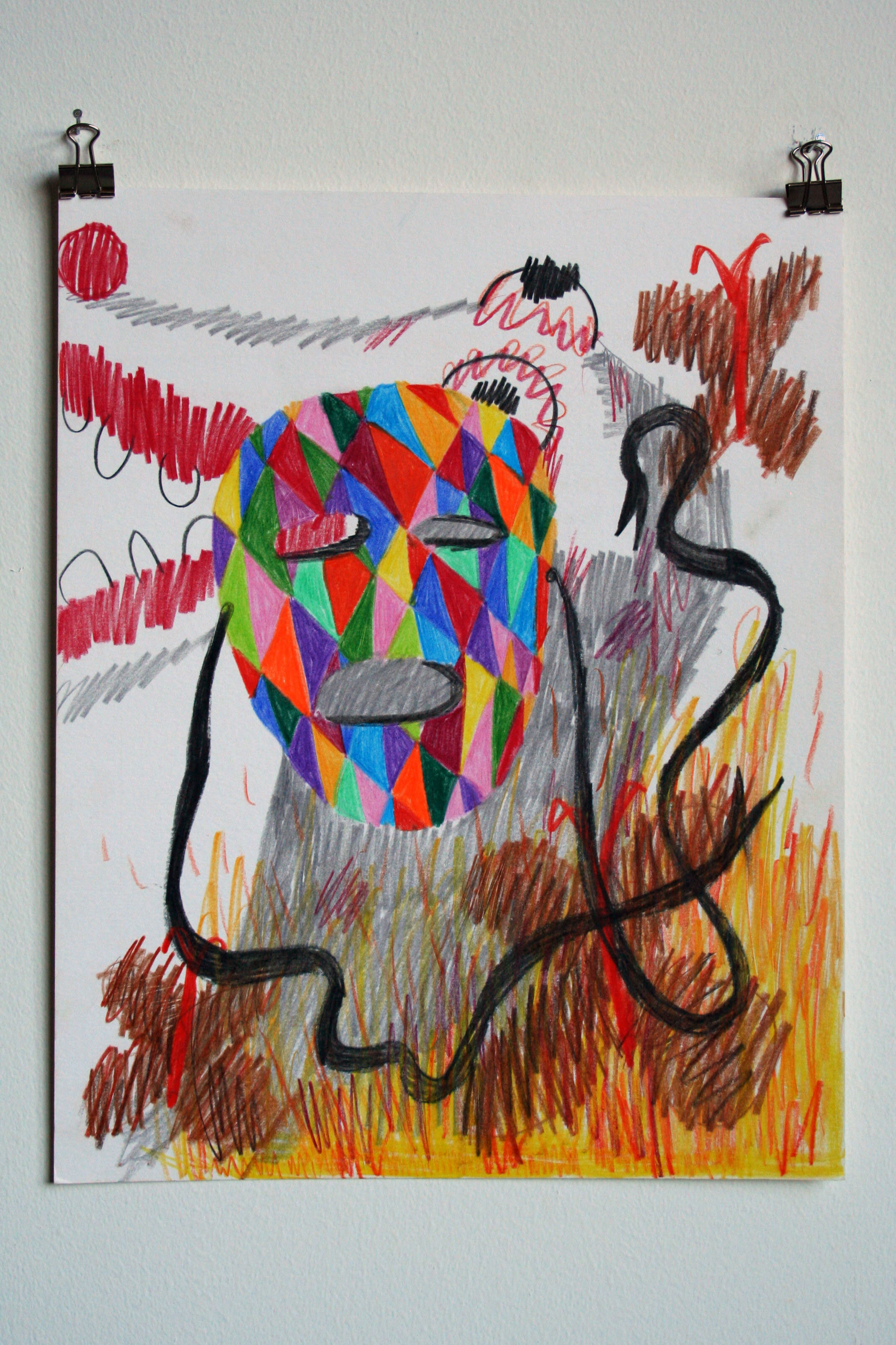   The Jester Mask with Black Ribbons Hid The Burning Clown Dolphin,  2013  14 x 11 inches (35.56 x 27.94 cm.)  Colored pencil on paper 