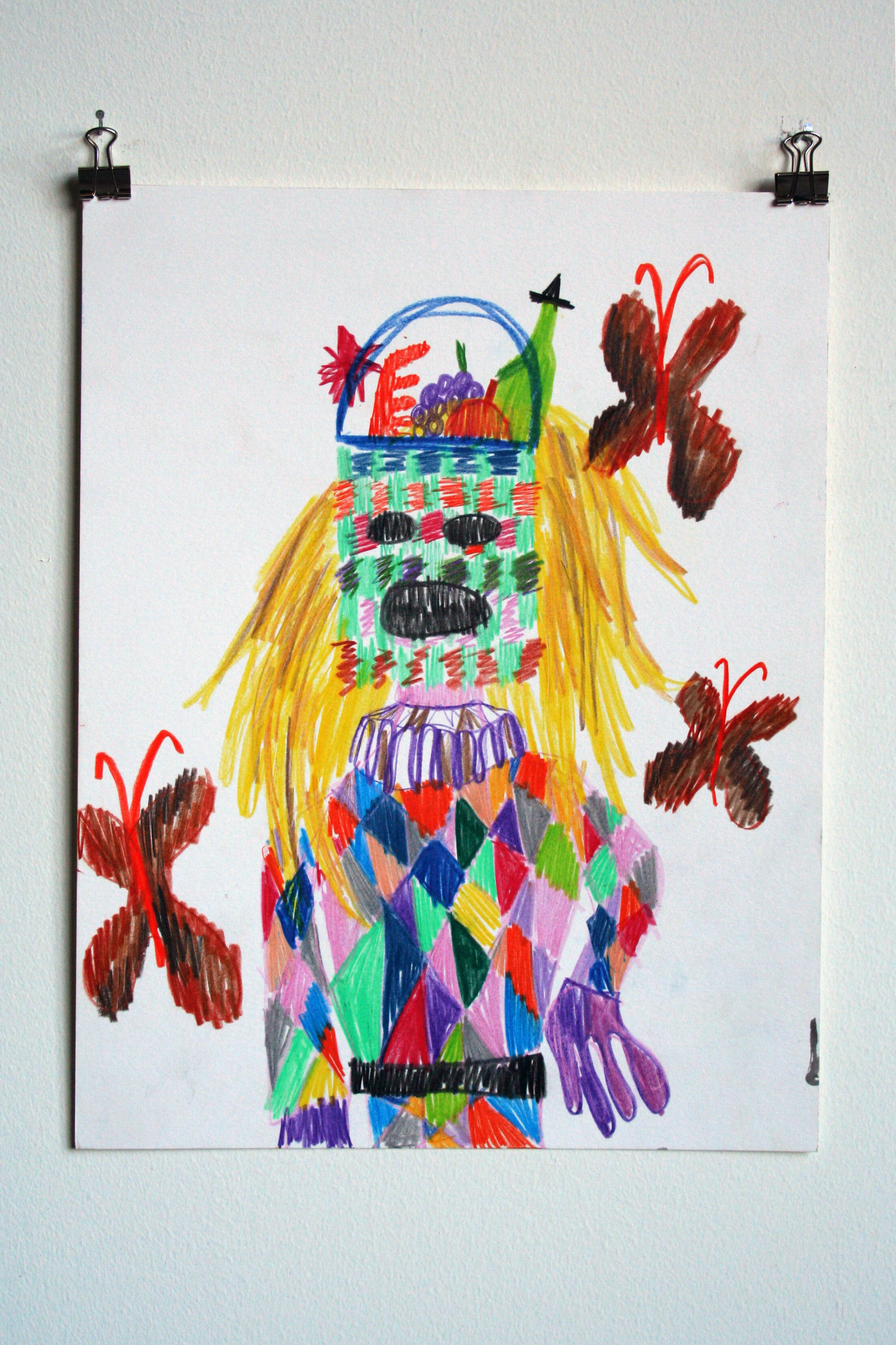  The Blonde Jester Wore a Gift Basket Mask,  2013  11 x 14 inches (27.94 x 35.56 cm.)  colored pencil on paper 