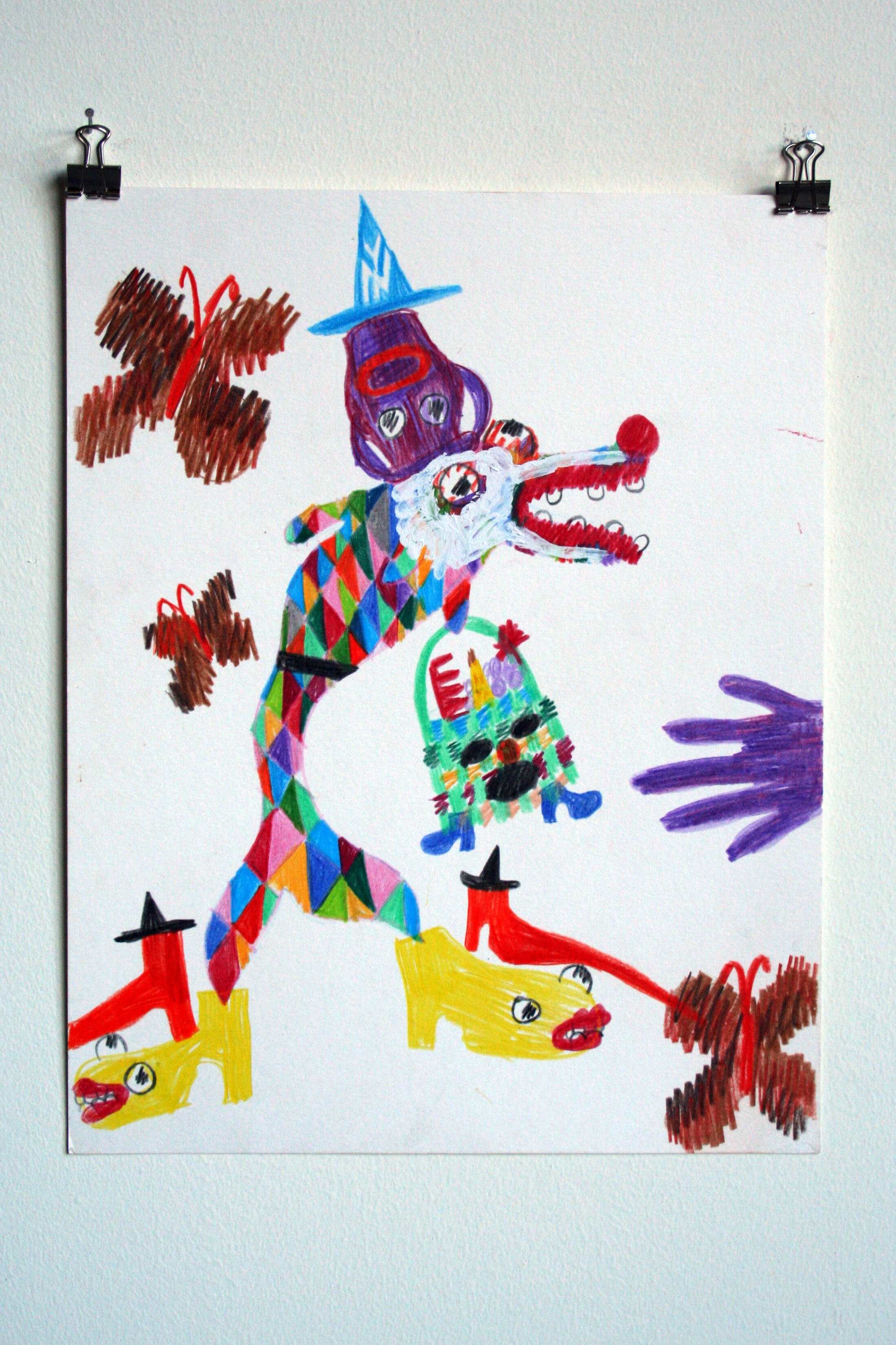   The Fool Used a Gift Basket As a Purse Wore a Vase Puppet Like a Hat,   2013  14 x 11 inches (35.56 x 27.94 cm.)  colored pencil on paper 