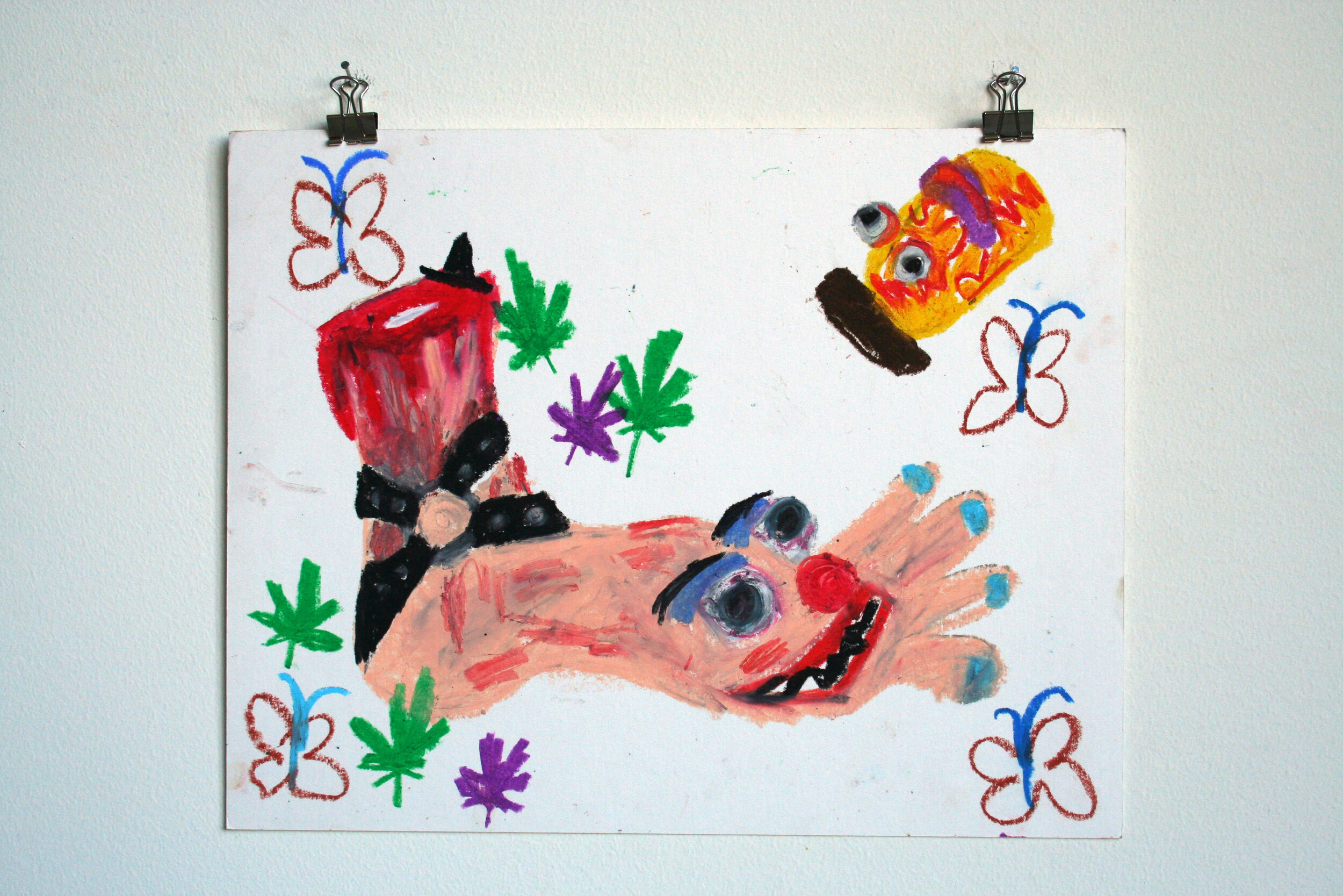   Severed Foot in Harness with Rush Puppet,  2014  11 x 14 inches (27.94 x 35.56 cm.)  Oil pastel on paper 