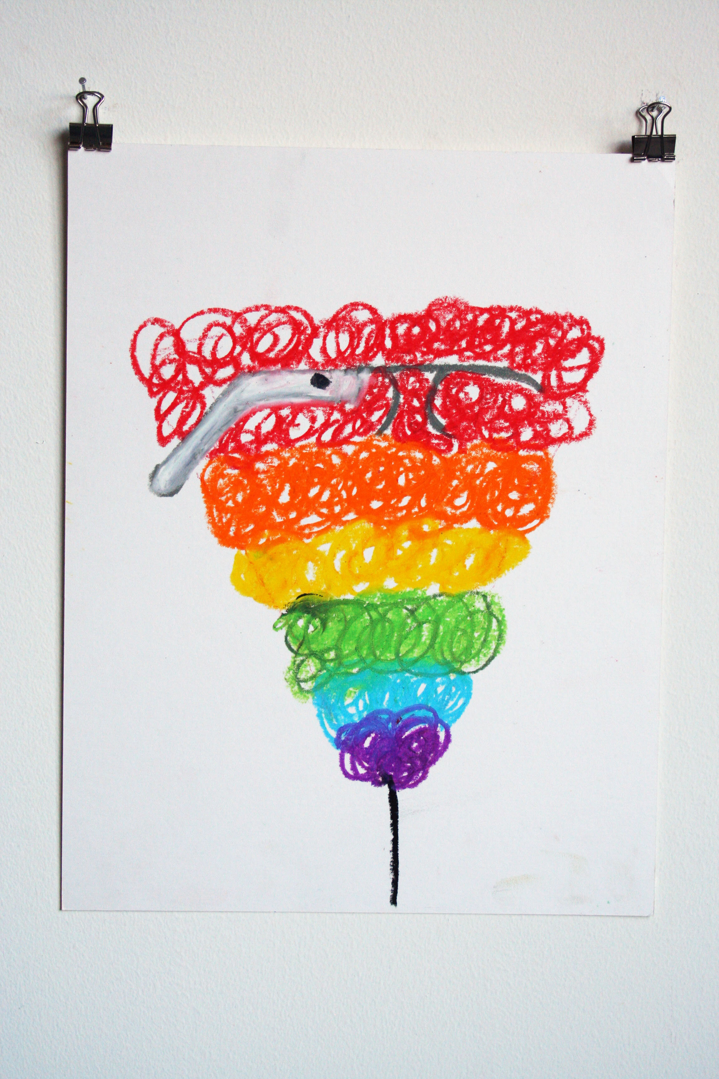   Rainbow Pubes Wearing Google Glass,  2015  14 x 11 inches (35.56 x 27.94 cm.)  Oil pastel on paper 