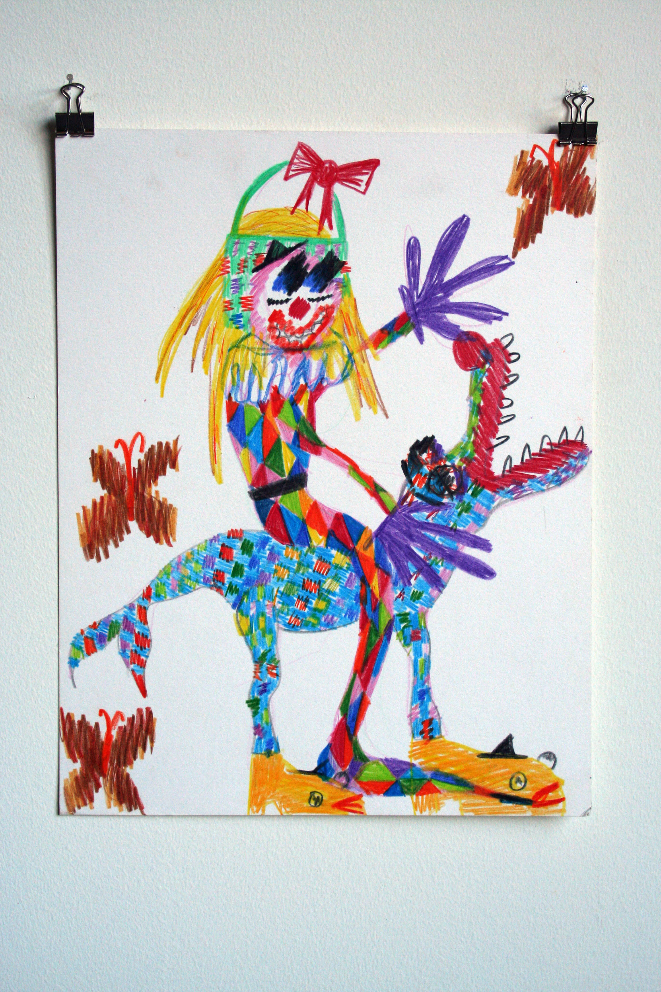  The Blonde Jester Wore a Basket-Mask and a Normal-Mask While Riding a Basket-Dolphin-Horse,  2013  14 x 11 inches (35.56 x 27.94 cm.)  Colored pencil on paper 