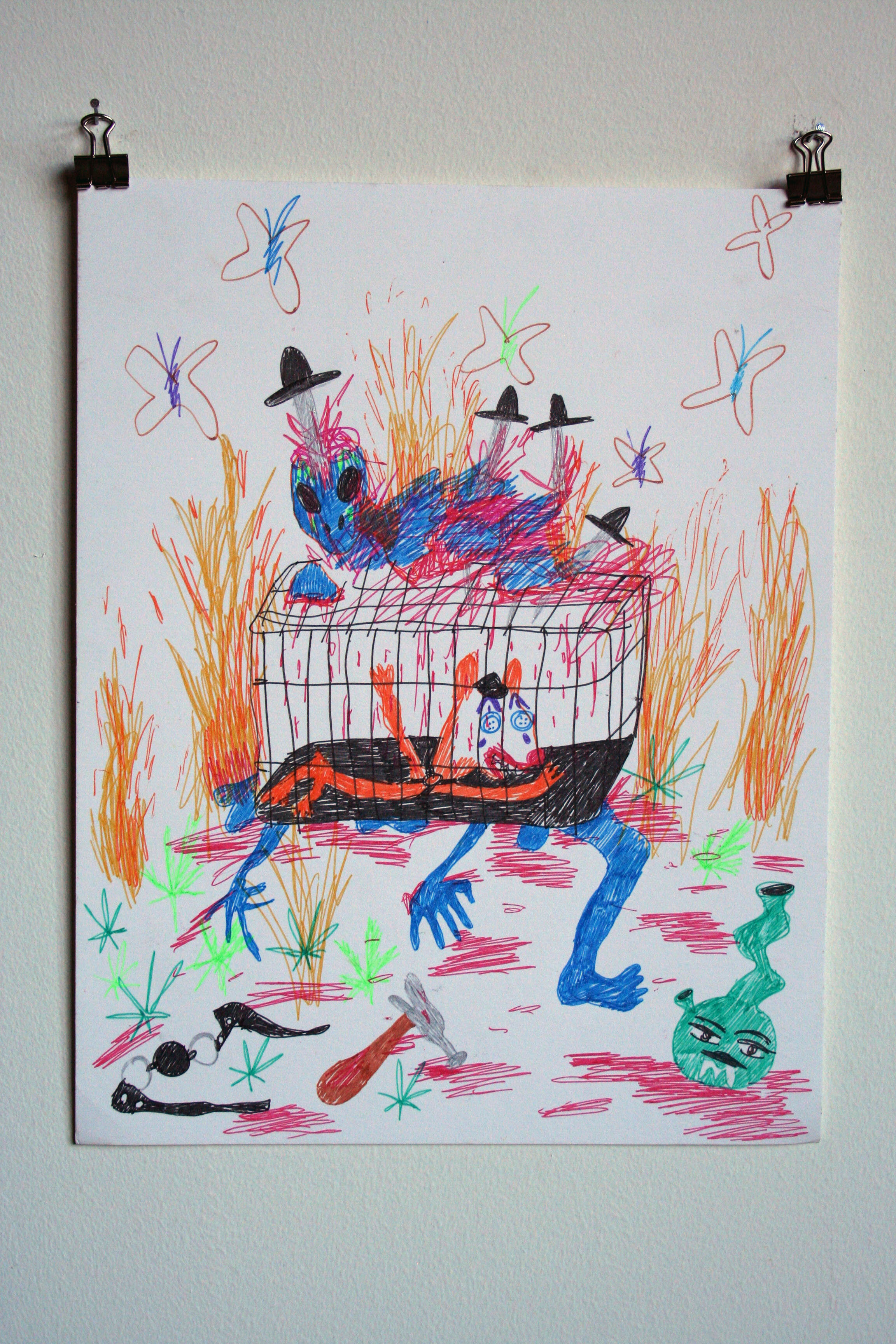   Flaming Cage,  2014  14 x 11 inches (35.56 x 27.94 cm.)  Sparkle gel pen on paper 