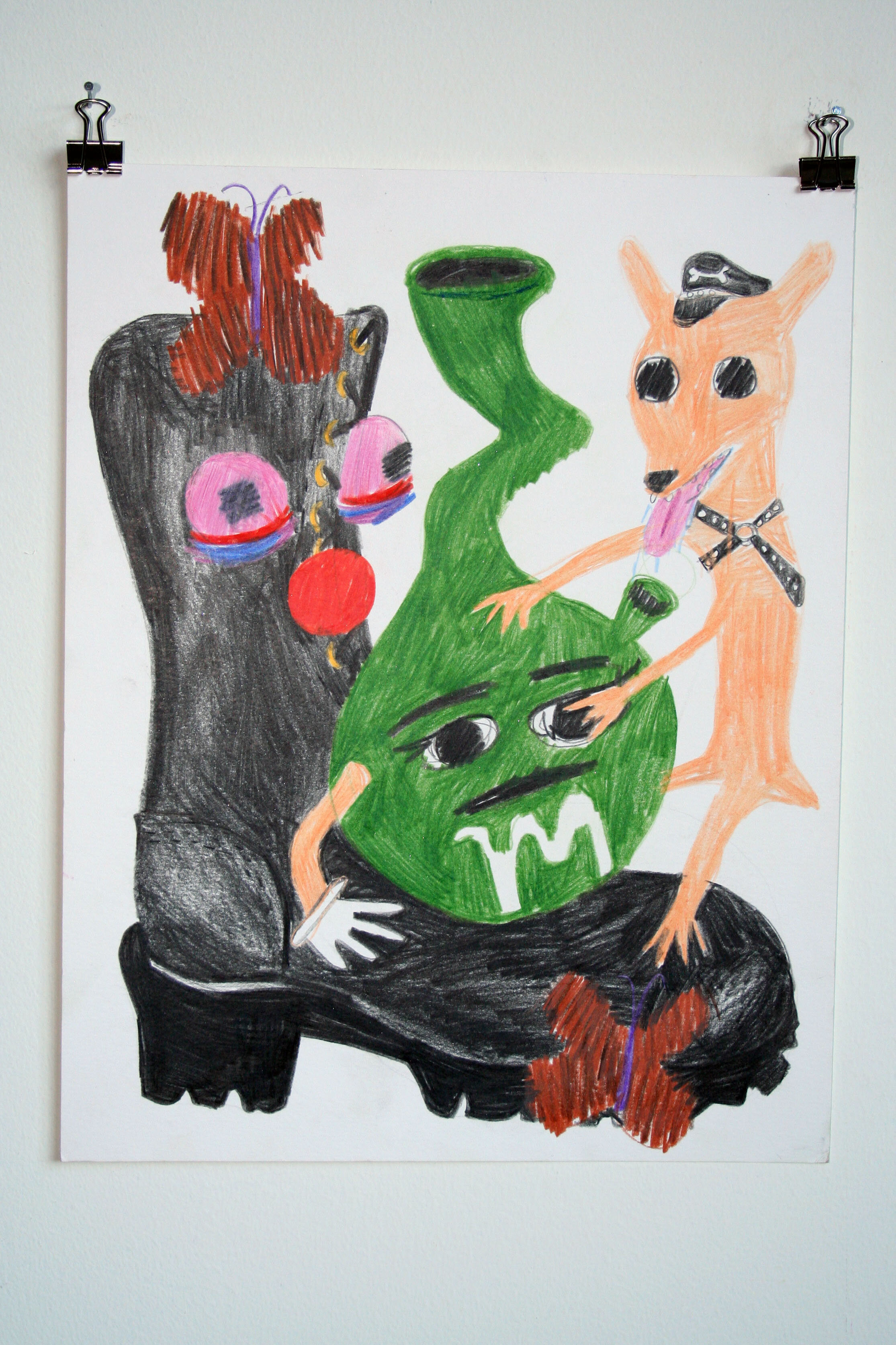   Bootlicker and His Ms. Green Bong,  2013  14 x 11 inches (35.56 x 27.94 cm.)  Colored pencil on paper  Private collection 