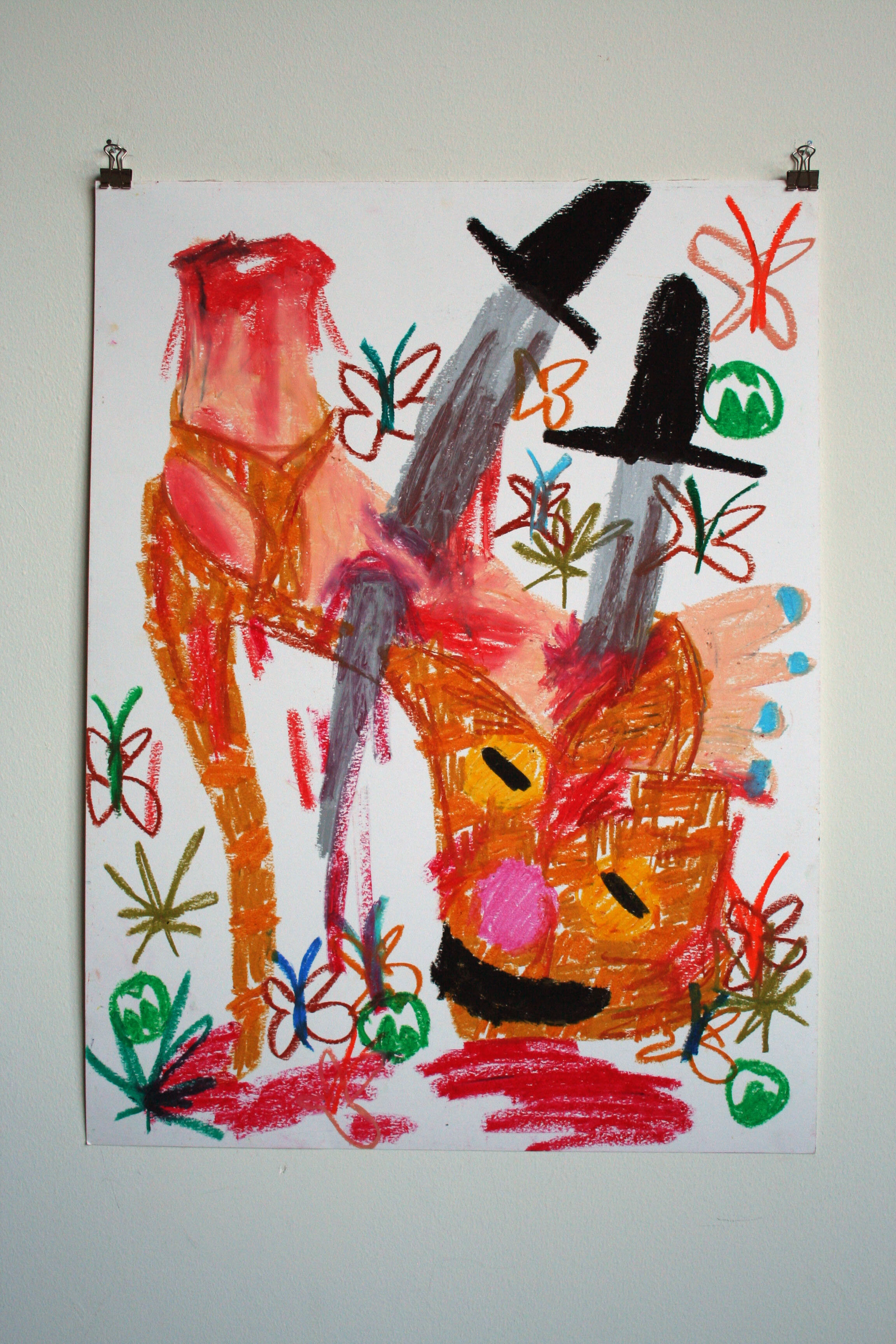   Severed Foot Wearing a Wicker Platform , 2014  24 x 18 inches (60.96 x 45.72 cm.)  Oil pastel on paper 